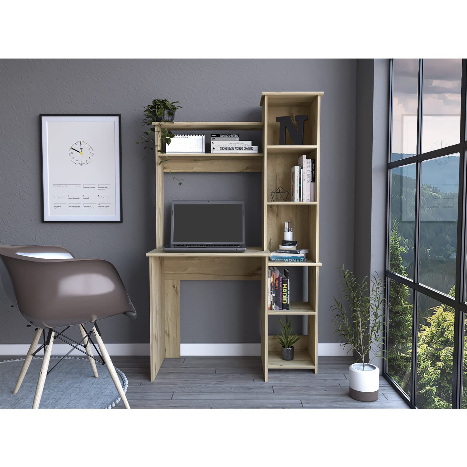 TUHOME Versalles Desk, Two Superior Shelve, Countertop Desk, Five Shelves, Light Oak, For Office