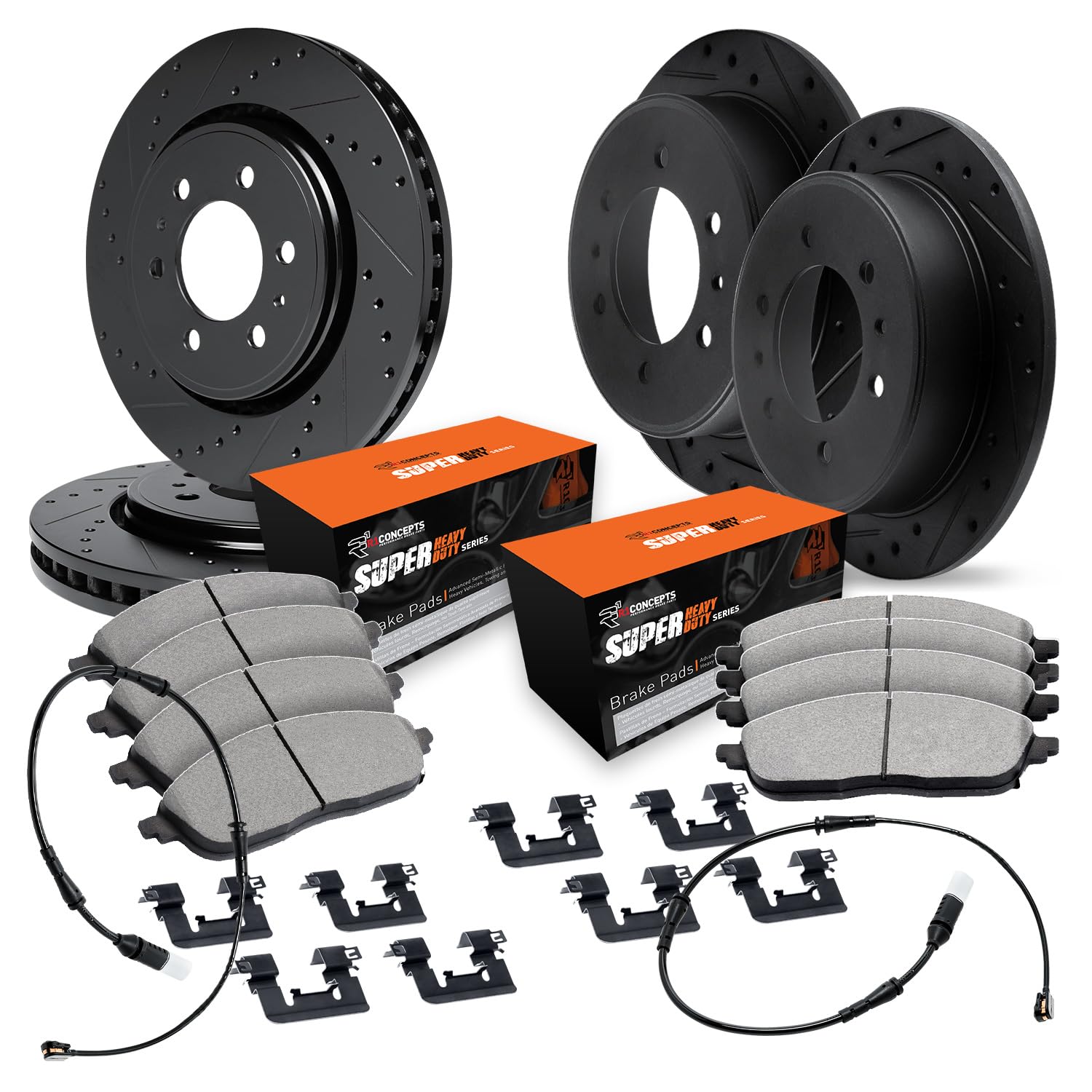 R1 Concepts Drilled and Slotted Black Disc Brake Rotor Set with Super Duty Pads, Sensor, and Hardware WHXS2-40007