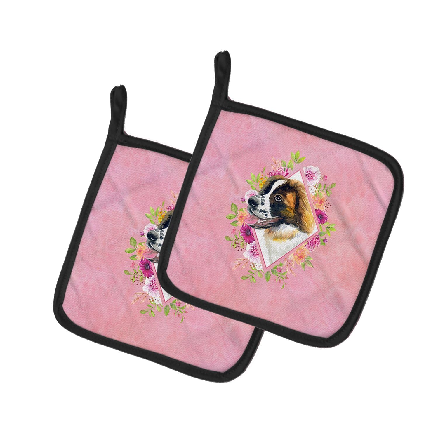 Saint Bernard #2 Pink Flowers Pair of Pot Holders