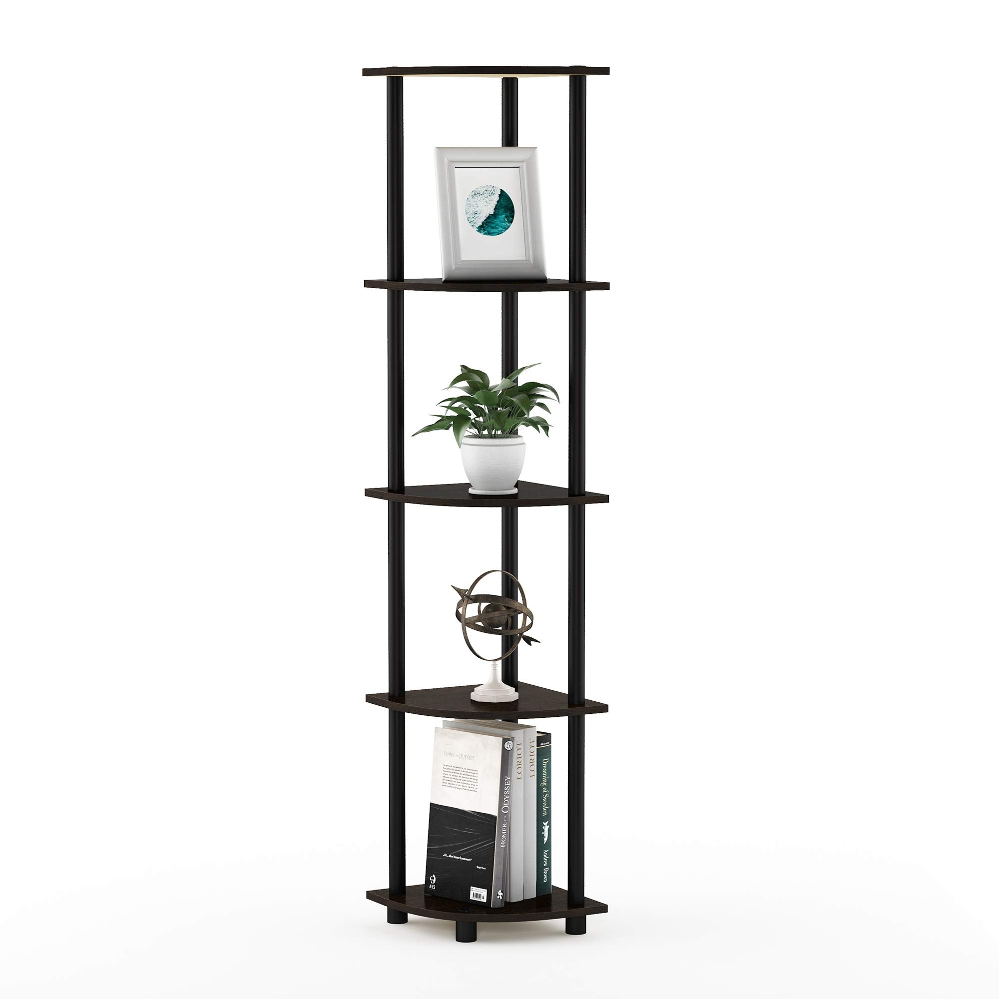 Furinno 99811DB-WG/BK Turn-N-Tube 5 Tier Corner Display Rack Multipurpose Shelving Unit, Dark Brown Grain/Black