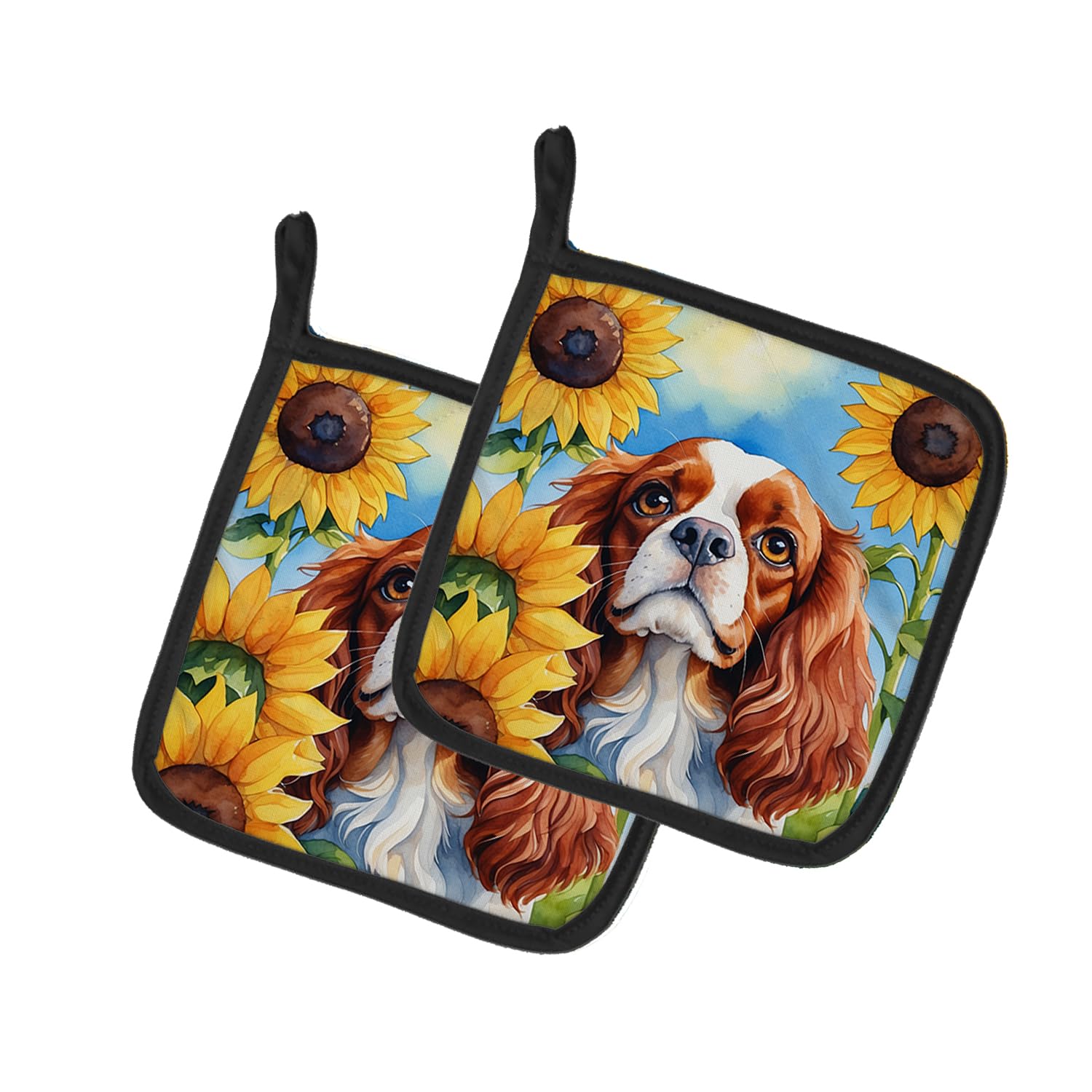 Cavalier Spaniel in Sunflowers Pair of Pot Holders
