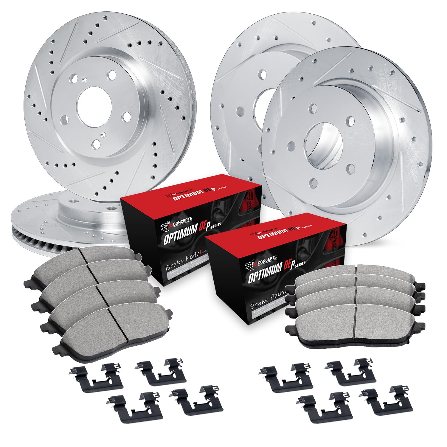 R1 Concepts Drilled and Slotted Silver Disc Brake Rotor Set with Optimum Oe Pads and Hardware WGUH2-54085