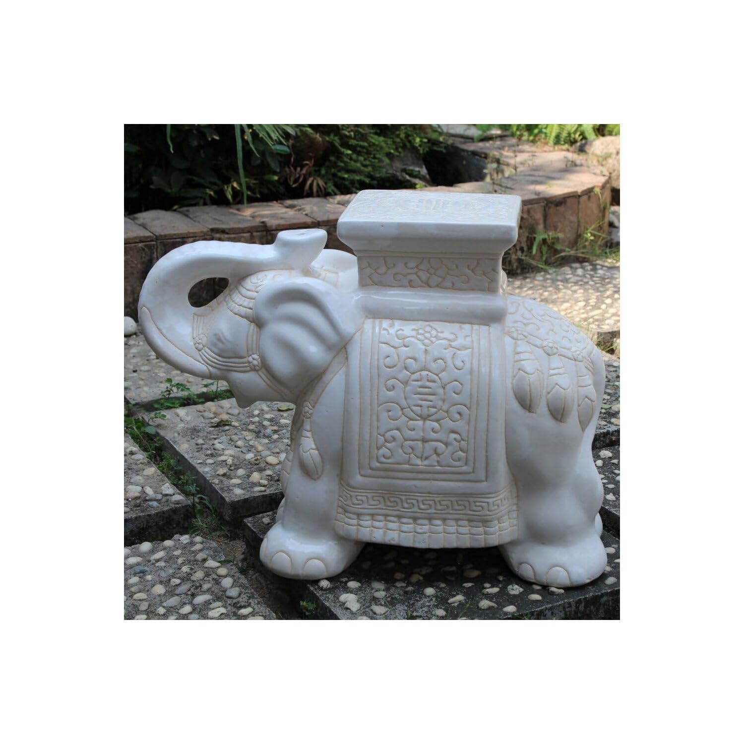 Large Porcelain Elephant Stool - White Wash Glaze