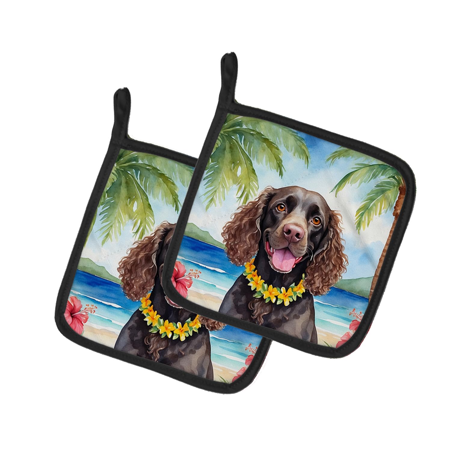 American Water Spaniel Luau Pair of Pot Holders