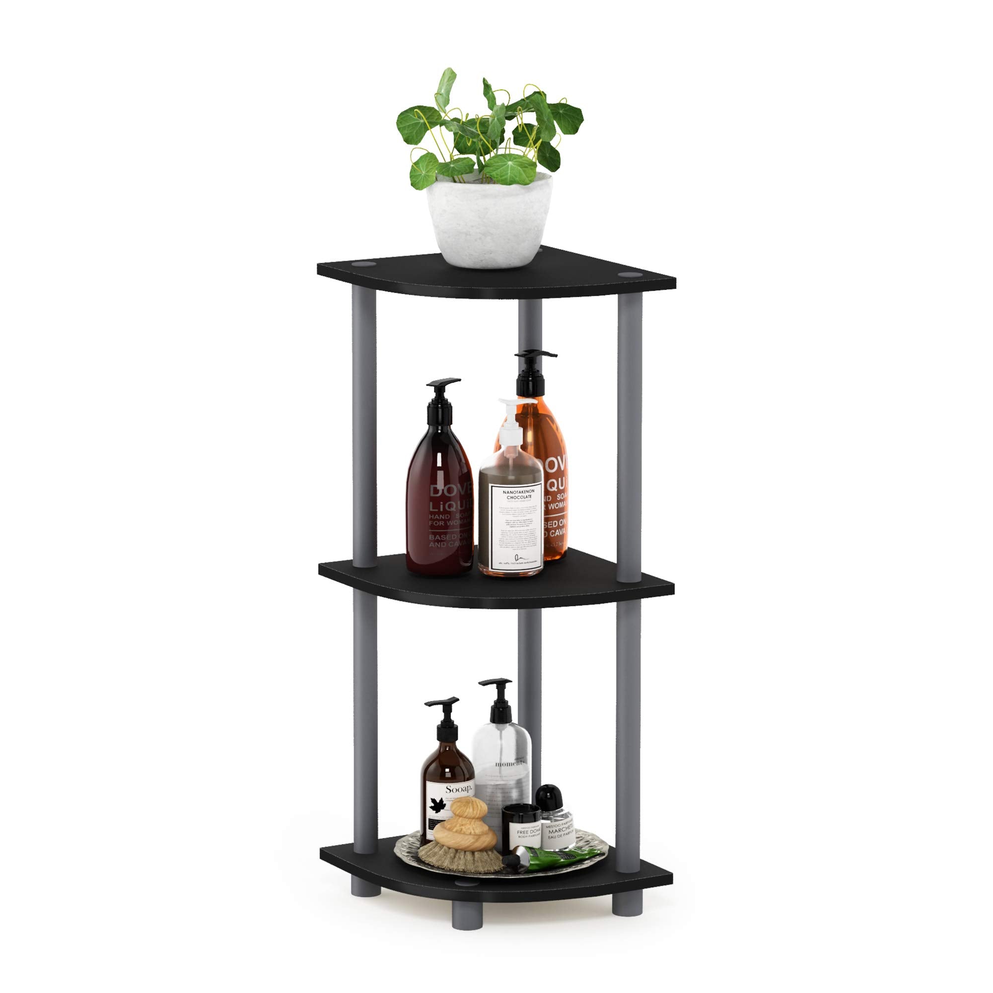 Furinno 12077BK/GY Turn-N-Tube 3-Tier Corner Display Rack Multipurpose Shelving Unit, Black/Grey