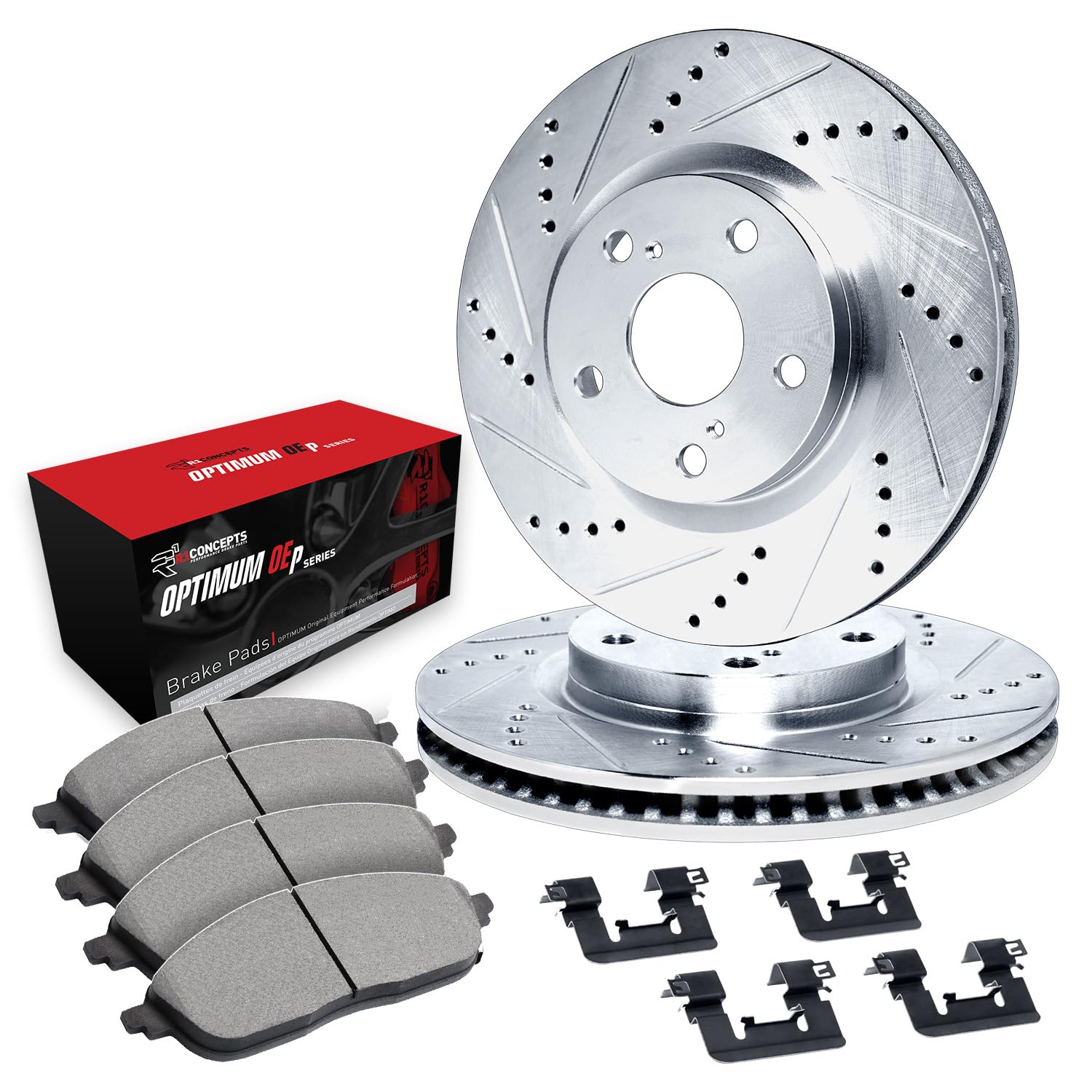 R1 Concepts Drilled and Slotted Silver Disc Brake Rotor Set with Optimum Oe Pads and Hardware WGUH1-80066