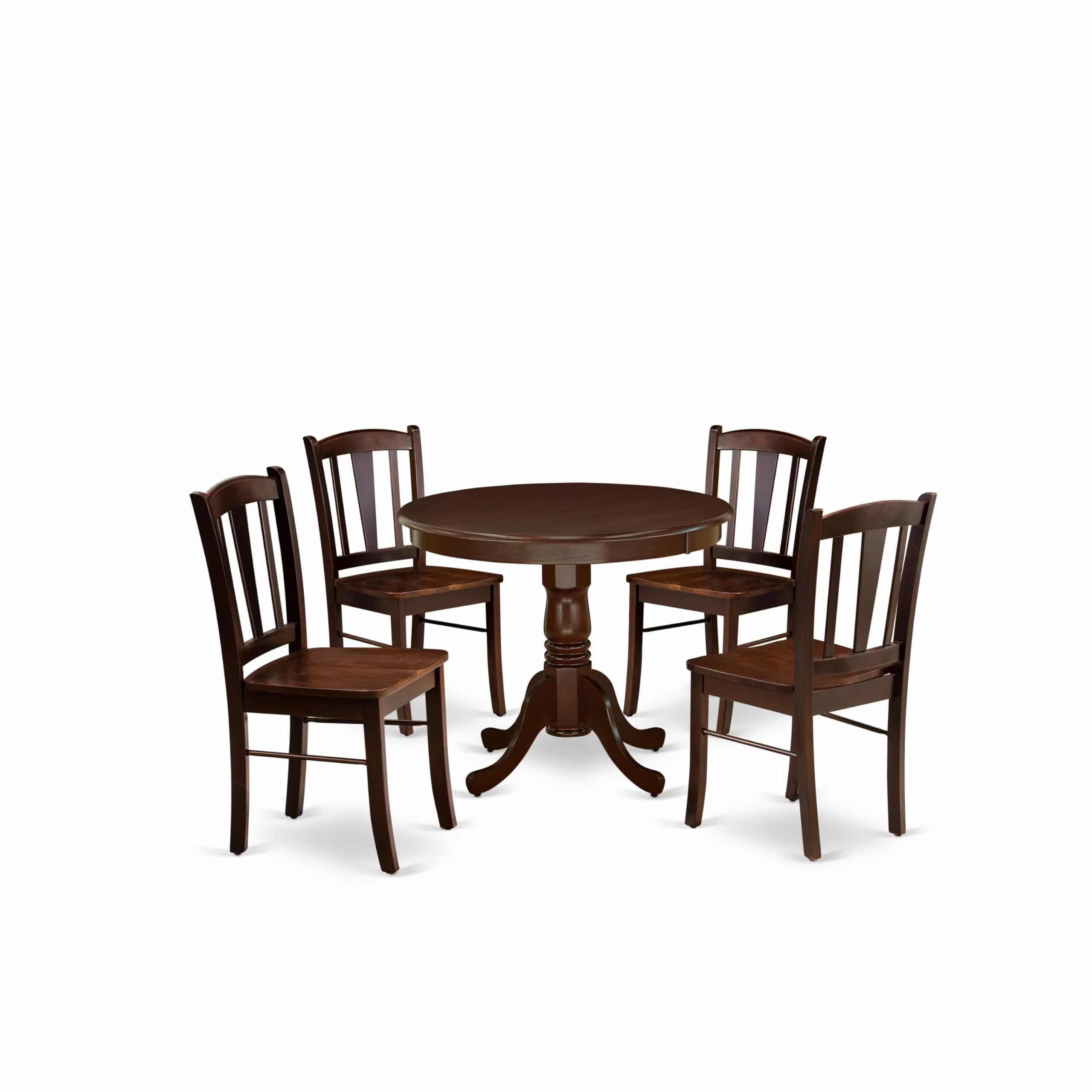 East West Furniture - ANDL5-MAH-W - 5-Piece Dining Room Table Set- 4 Wooden Chairs and Kitchen Table - Wooden Seat and Slatted Chair Back - Mahogany Finish