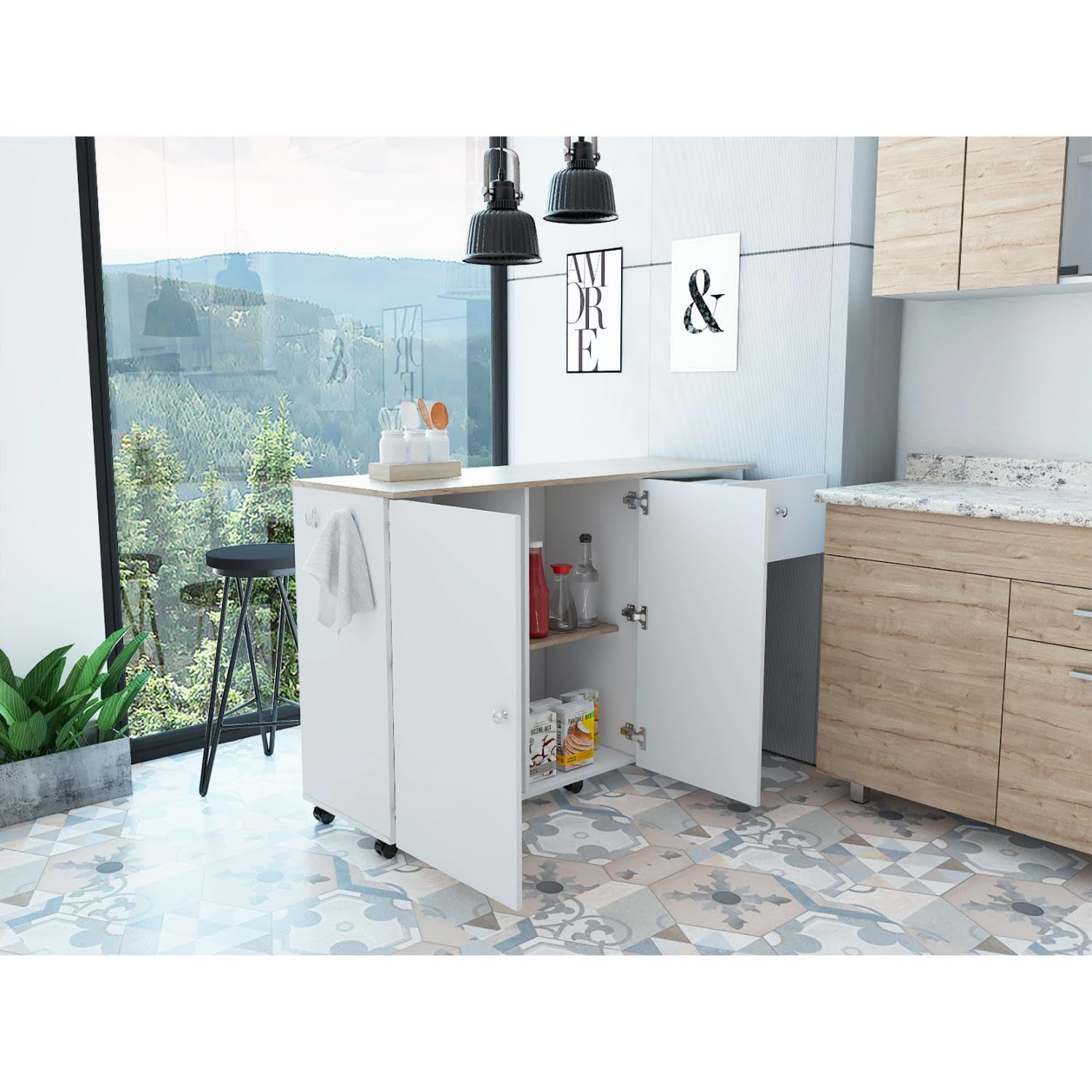 TUHOME Kitchen Island Cart Victoria, Four Internal Shelves,Six Carter Wheels, One Drawer, Two-Door Cabinet, Two External Shelves, White, For Kitchen Room