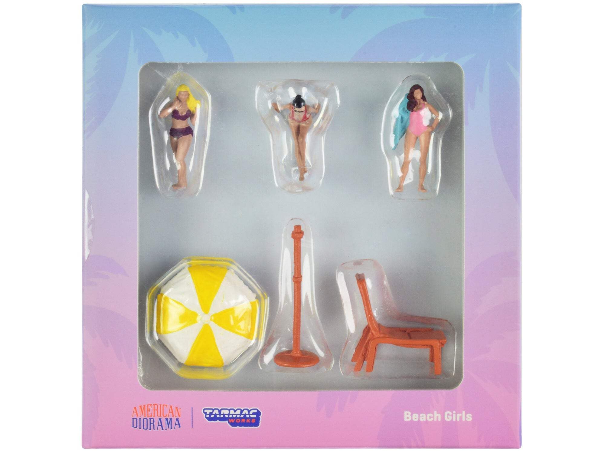 Beach Girls 5 piece Diecast Figure Set (3 Female Figures and 2 Beach Accessories) for 1/64 Scale Models by Tarmac Works & American Diorama
