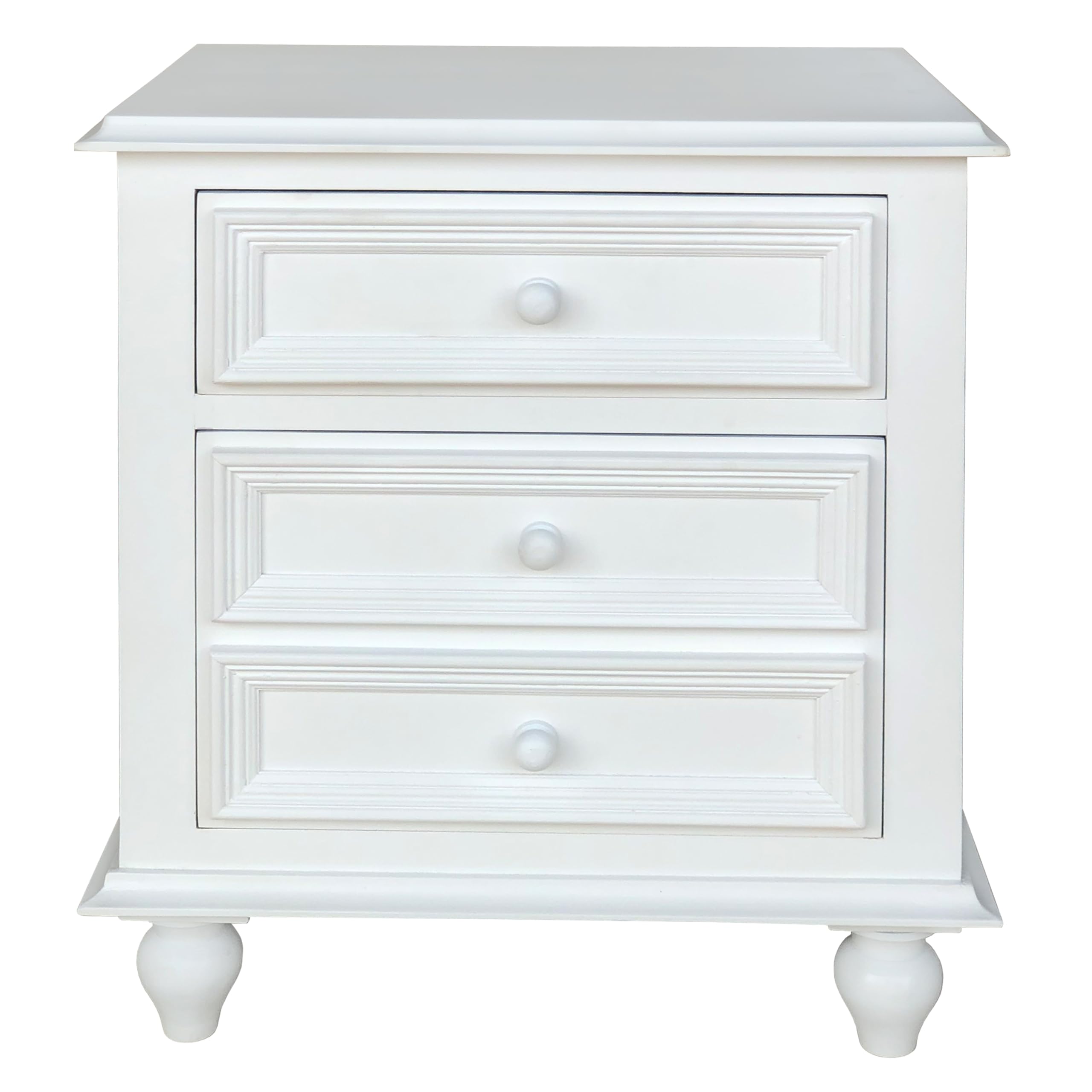 28 Inch Bedside Nightstand, 2 Drawers with Classic Round Knobs, Handcrafted White Mango Wood