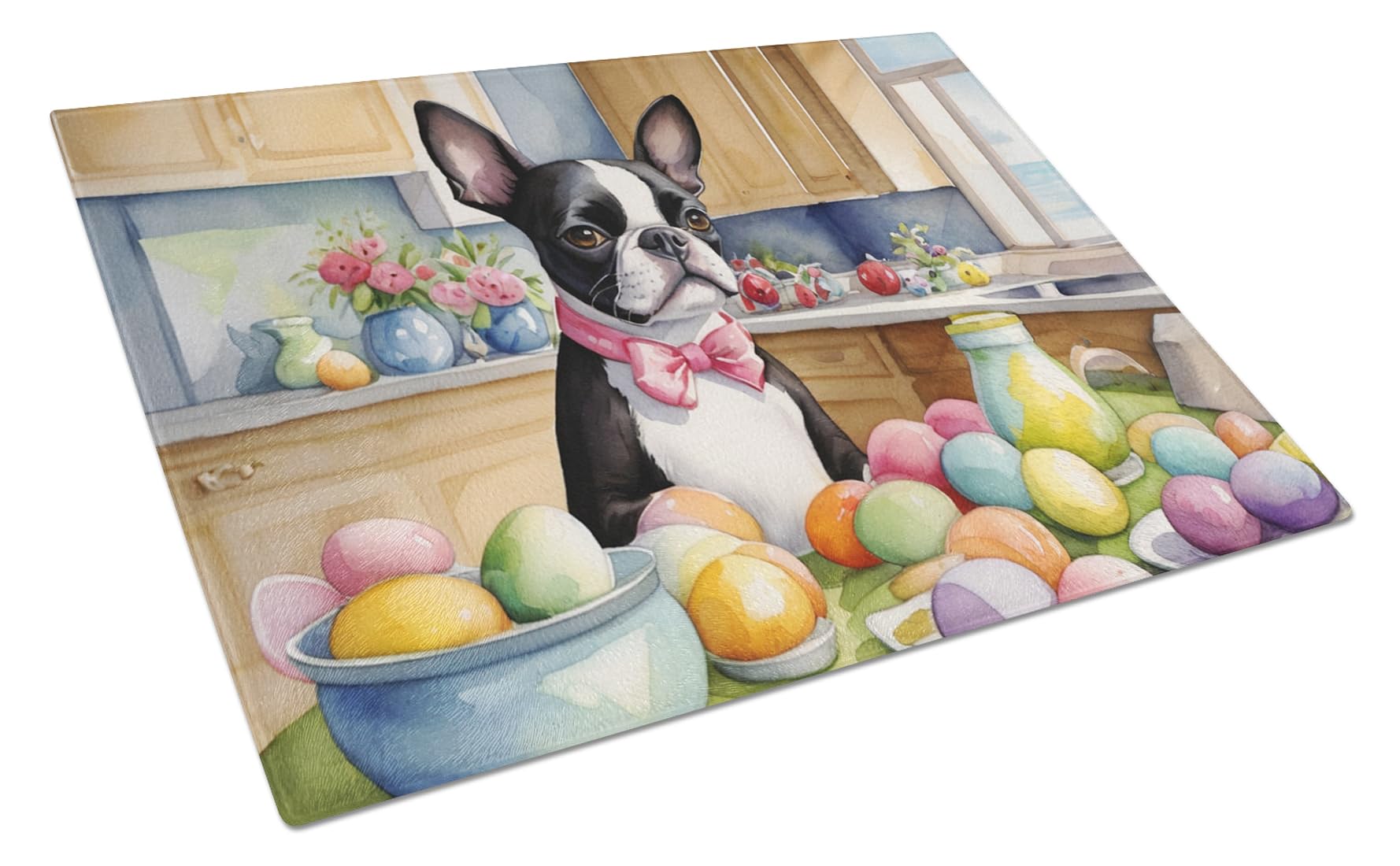 Carolines Treasures DAC6771LCB Decorating Easter Boston Terrier Glass Cutting Board Decorative Tempered Glass Kitchen Cutting and Serving Board Large Size Chopping Board