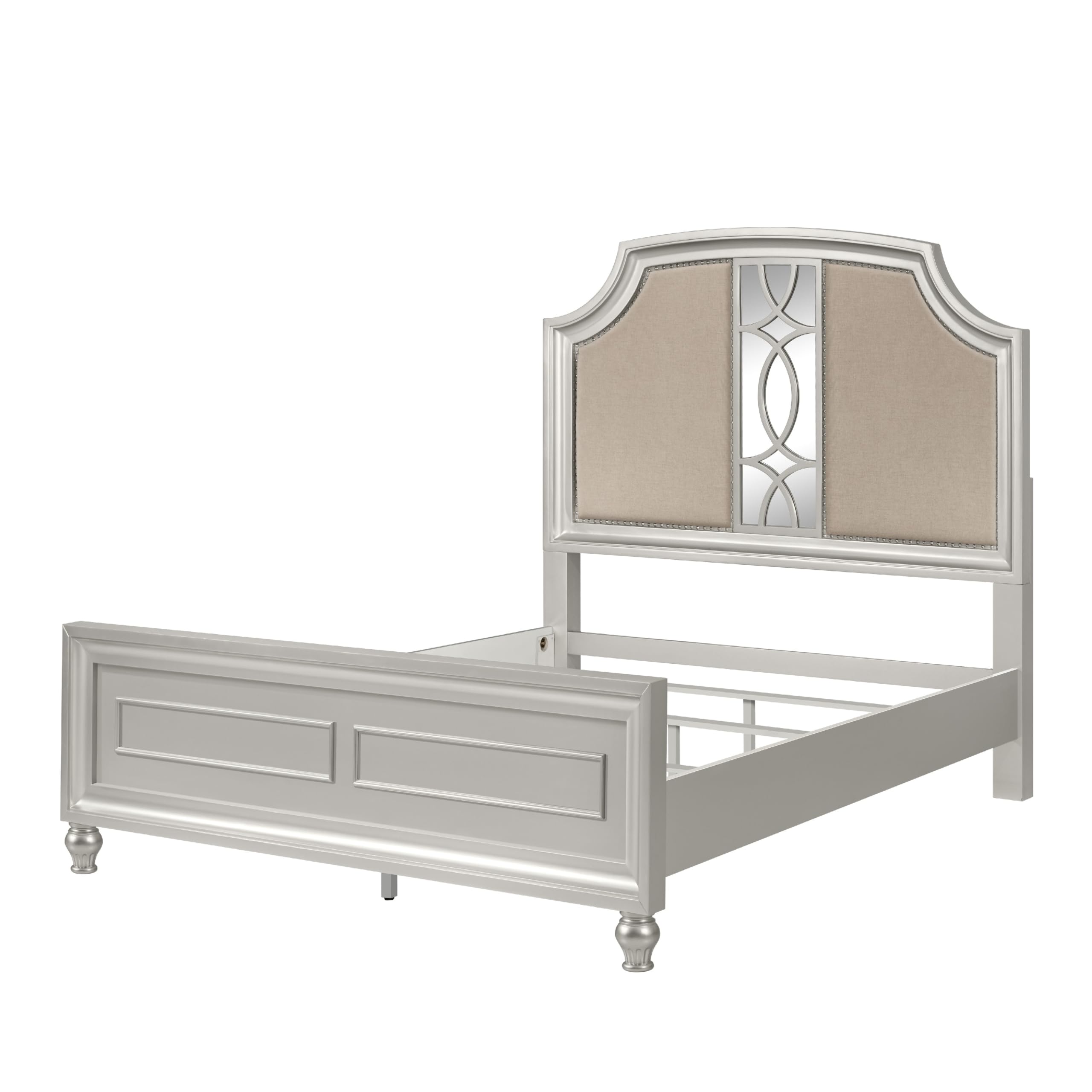 Felix Queen Size Bed, Gray Upholstered Mirrored Silver Panel Headboard
