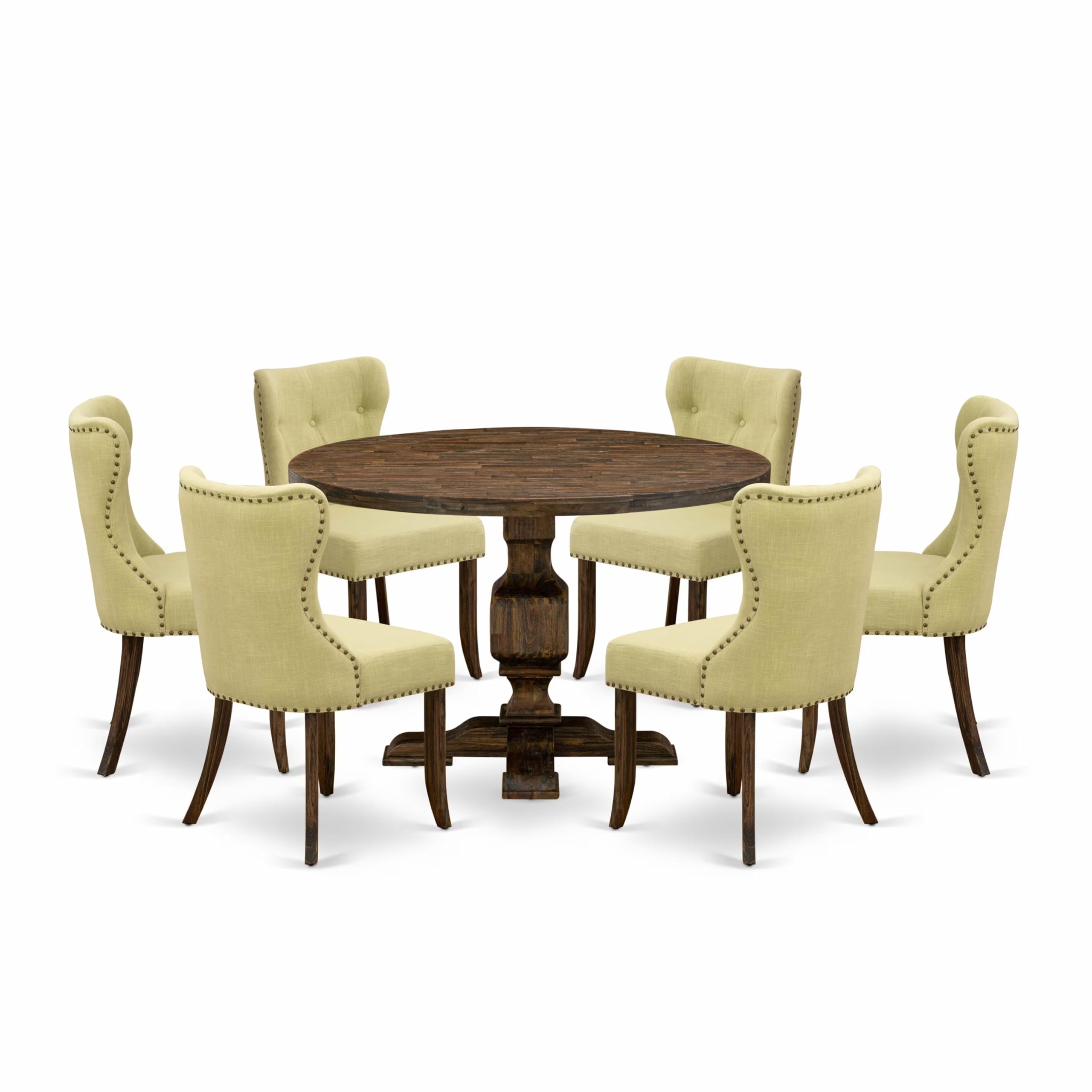 East West Furniture 7-Piece Dining Table Set - Modern Dining Table and 6 Limelight Color Parson Dining Room Chairs with Button Tufted Back - Distressed Jacobean Finish