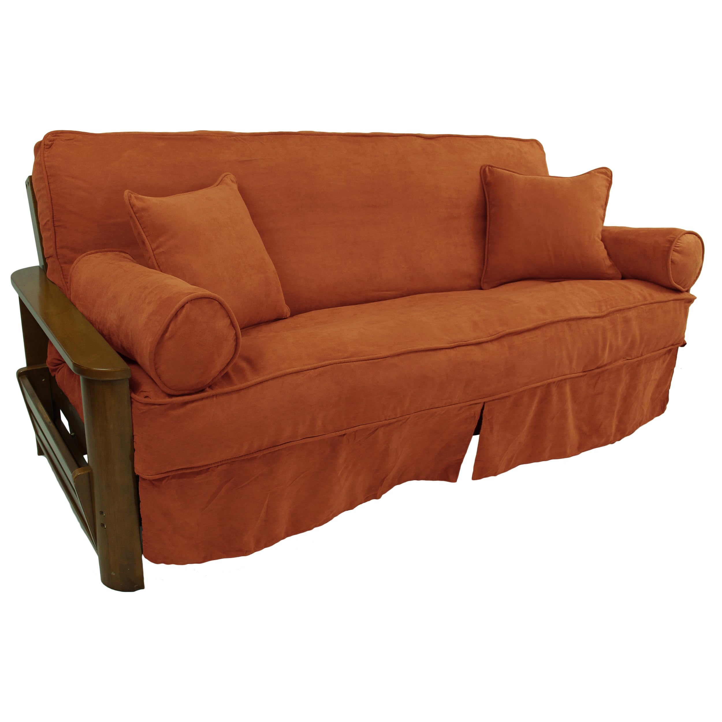 Solid Microsuede Double Corded 8 to 9-inch Full Futon Slipcover Set with Four Throw Pillows (Set of 5) - Spice