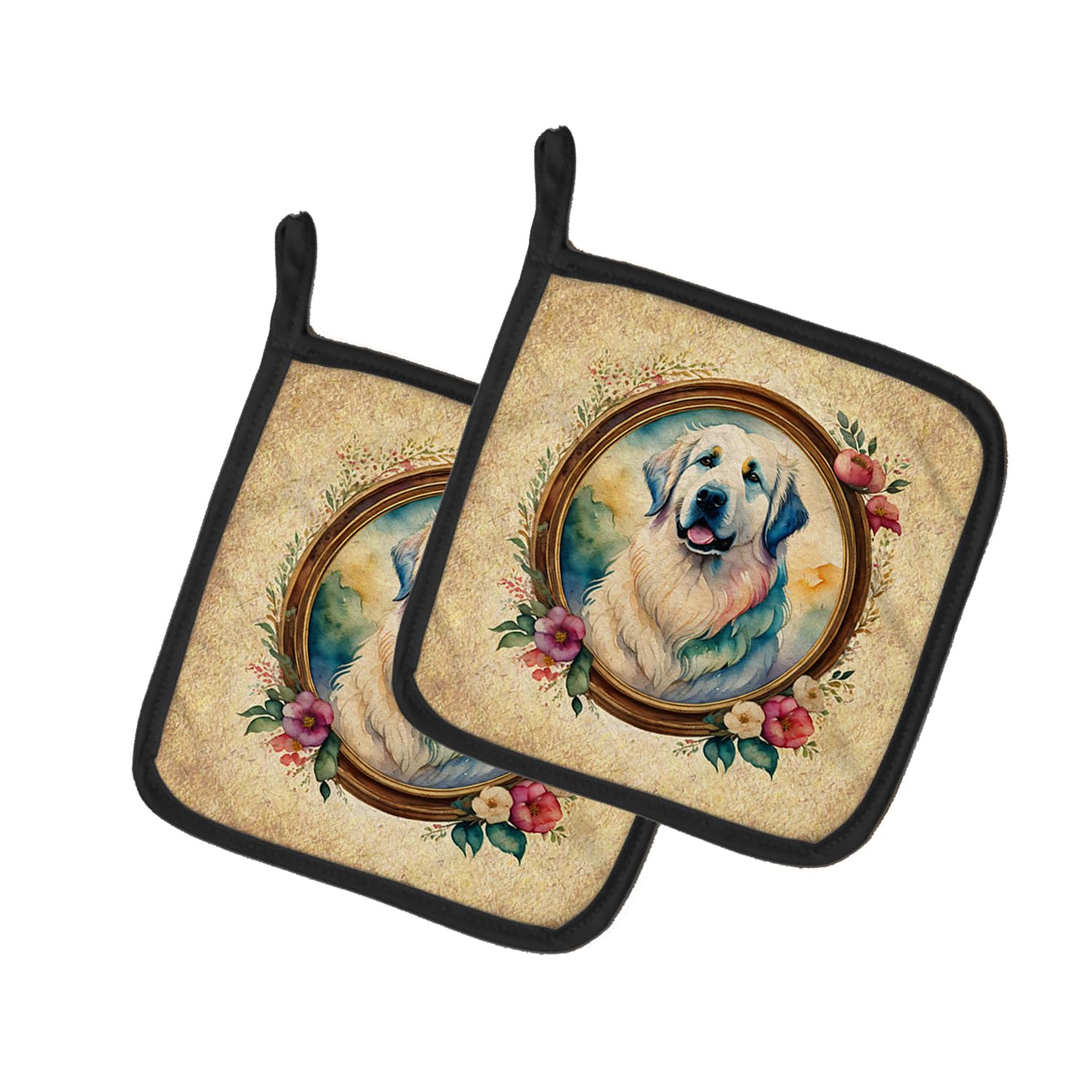 Great Pyrenees and Flowers Pair of Pot Holders