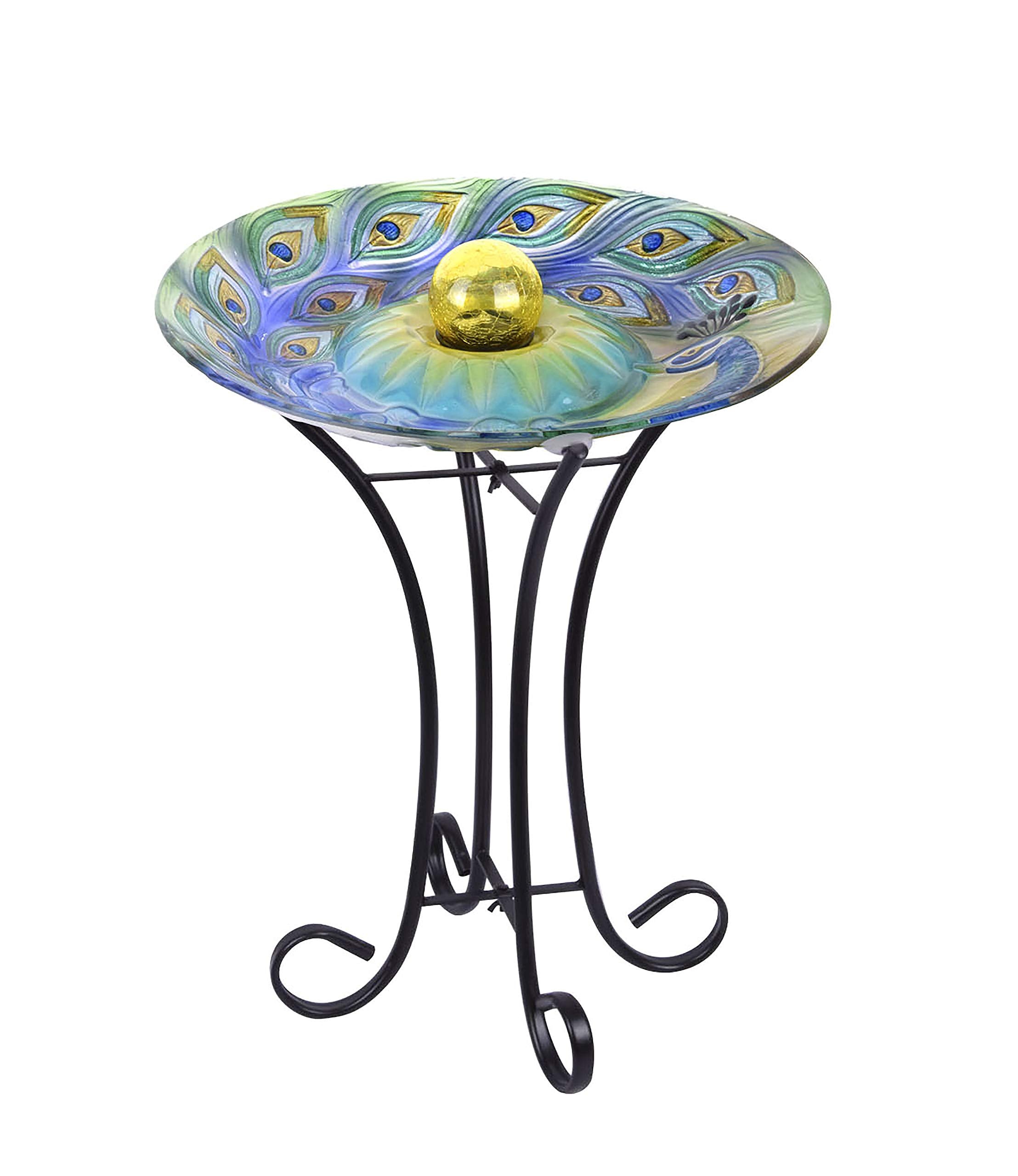 Hi-Line Gift Ltd 78415-F Solar Orb Peacock Glass Bird Bath with Stand