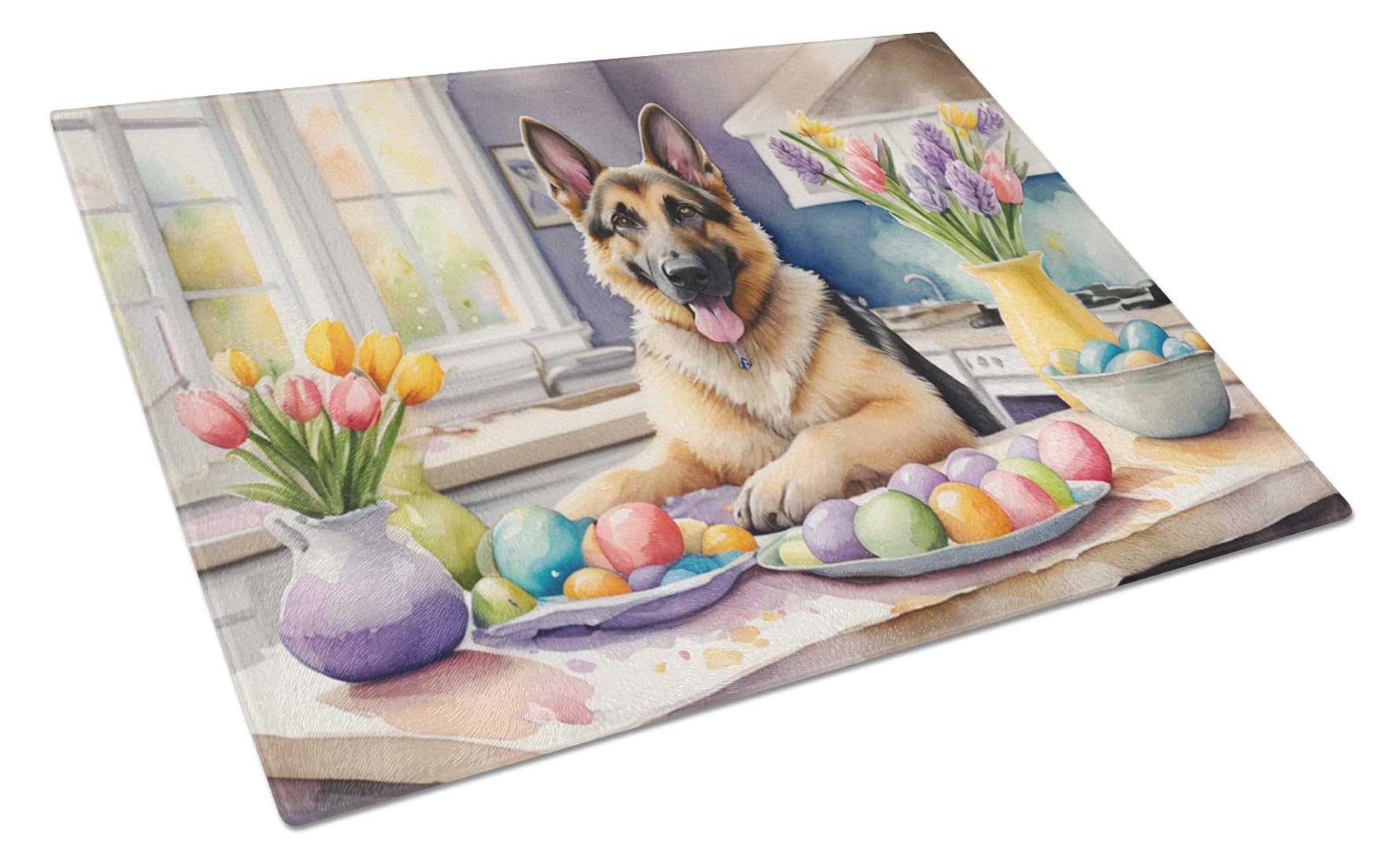 Carolines Treasures DAC6818LCB Decorating Easter German Shepherd Glass Cutting Board Decorative Tempered Glass Kitchen Cutting and Serving Board Large Size Chopping Board