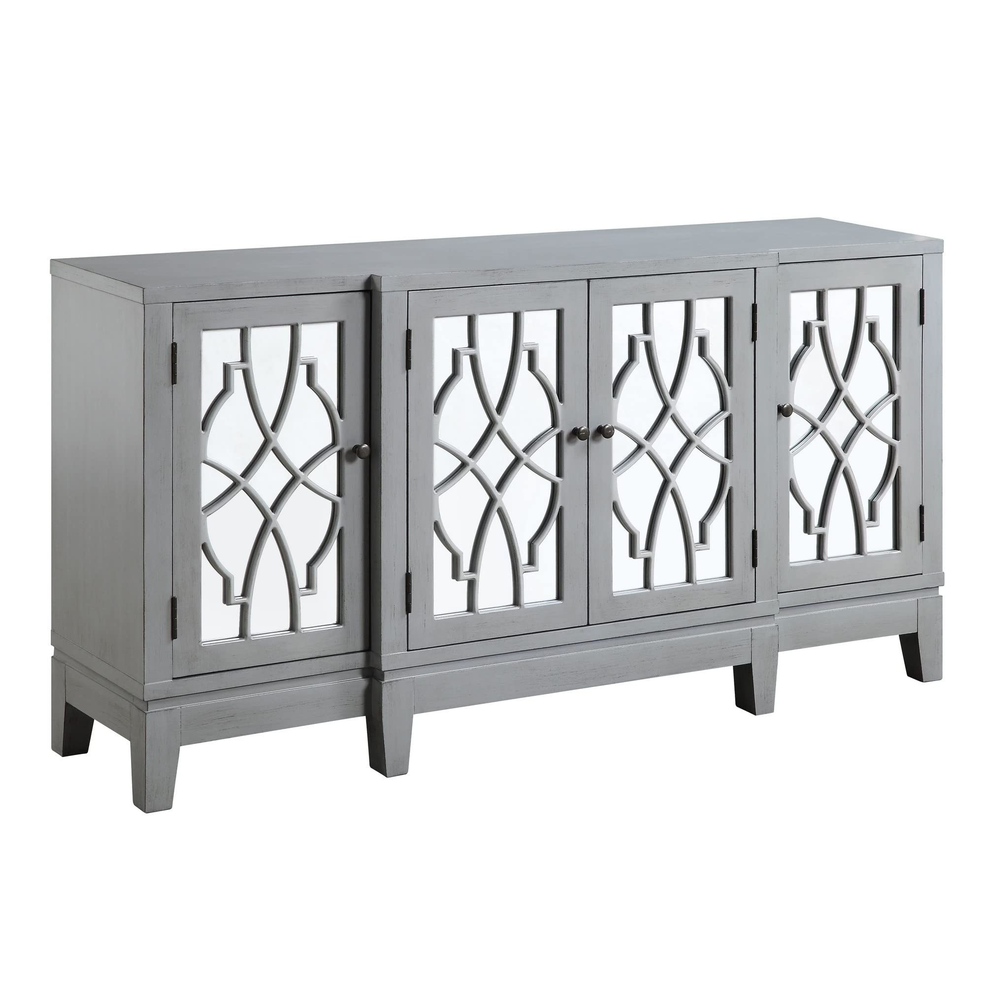 Console Table with 4 Glass Doors and Geometric Front, Gray