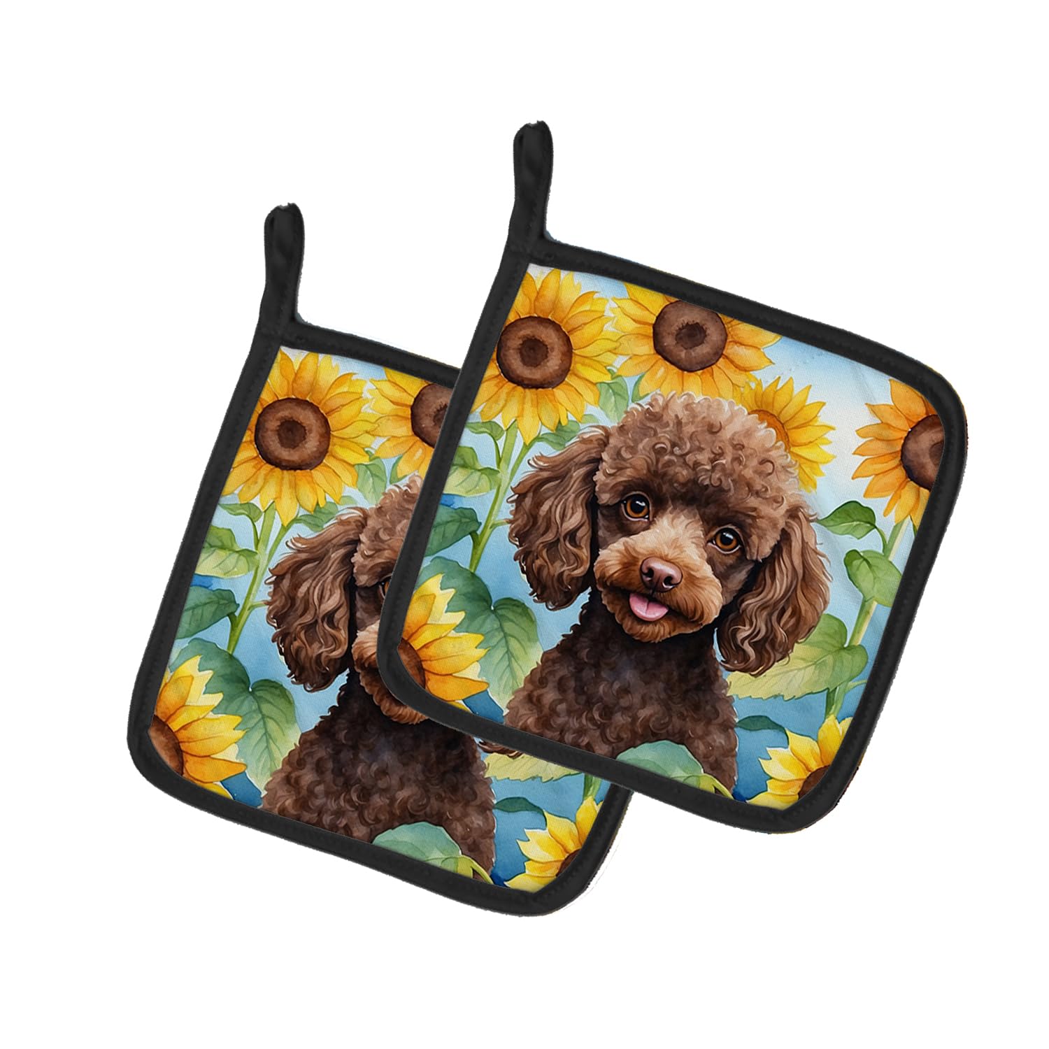 Chocolate Poodle in Sunflowers Pair of Pot Holders