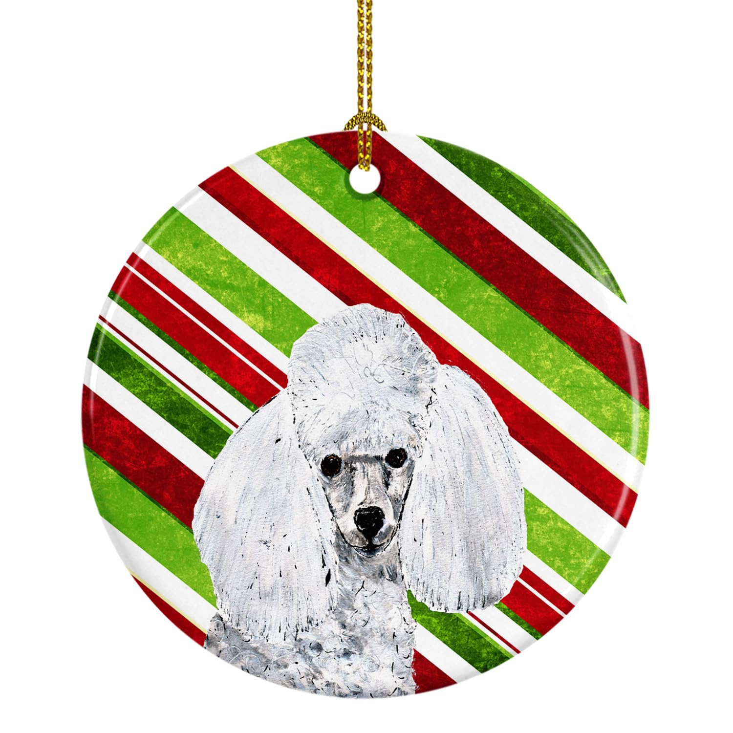 White Toy Poodle Candy Cane Christmas Ceramic Ornament SC9797CO1