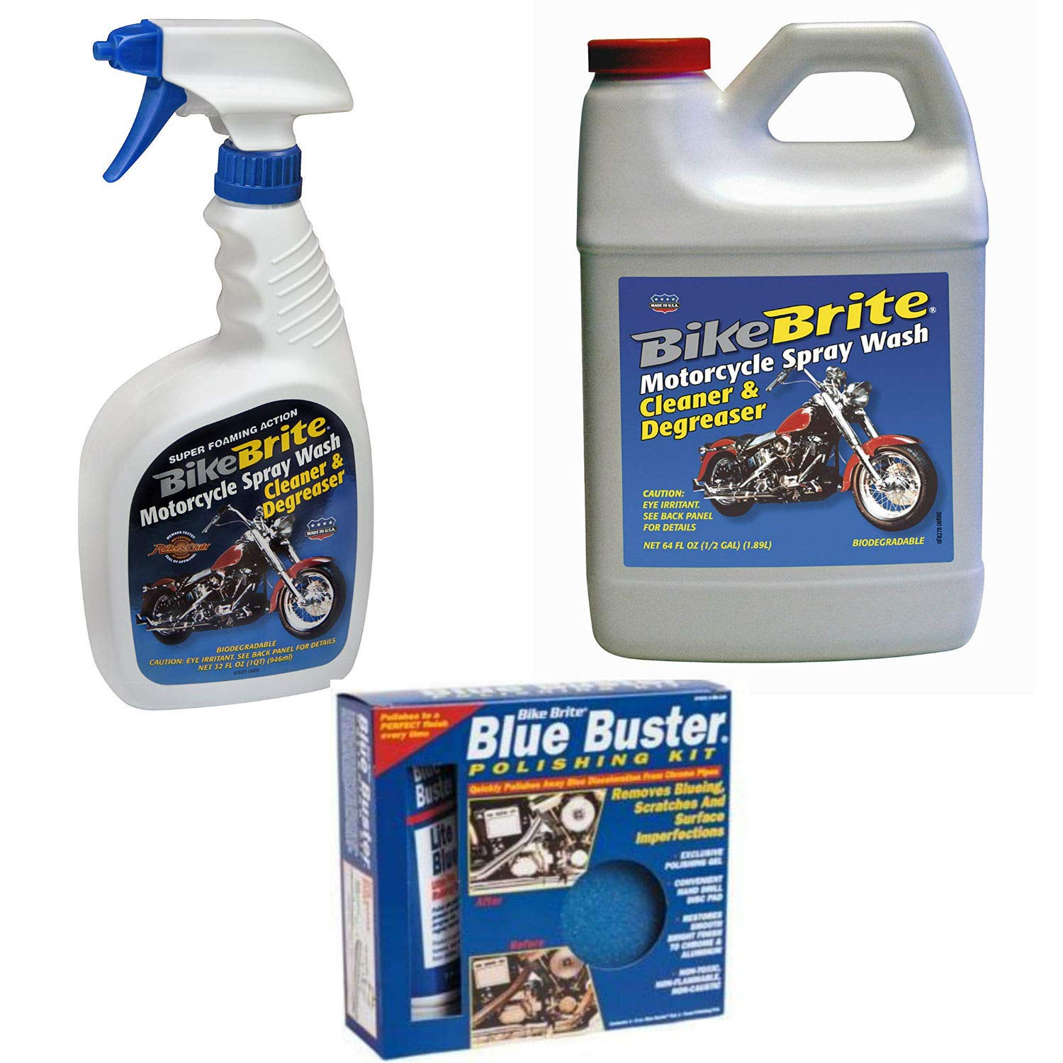 Bike Brite Blue Motorcycle Spray Wash Cleaner and Degreaser 32 fl oz, Refill Spray Wash Cleaner and Degreaser 64 fl  Oz and Blue Buster Polishing Kit
