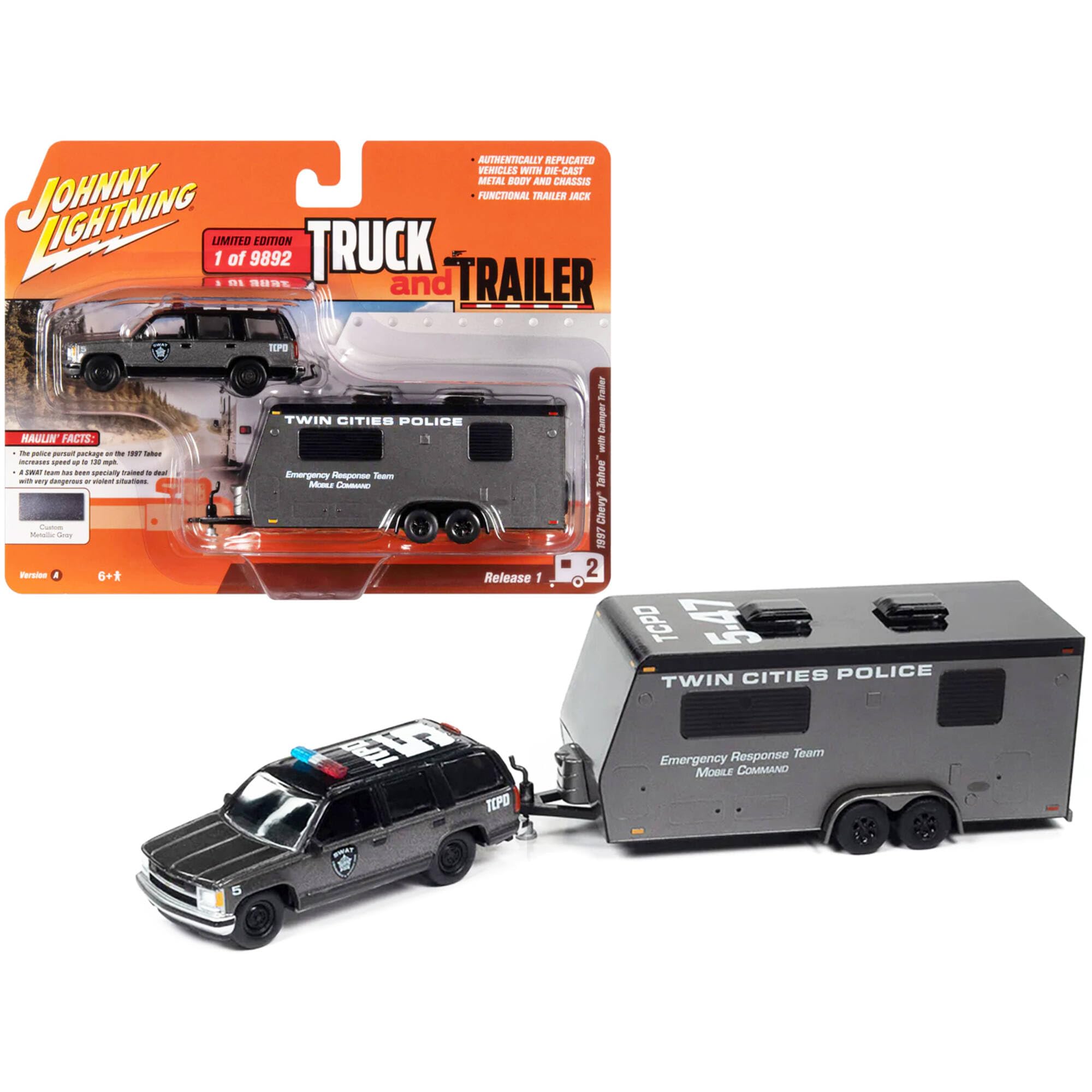 1997 Chevrolet Tahoe SWAT Custom Gray Metallic and Black with ?Twin Cities Police? Camper Trailer Limited Edition to 9892 pieces Worldwide ?Truck and Trailer? Series 1/64 Diecast Model Car by Johnny Lightning