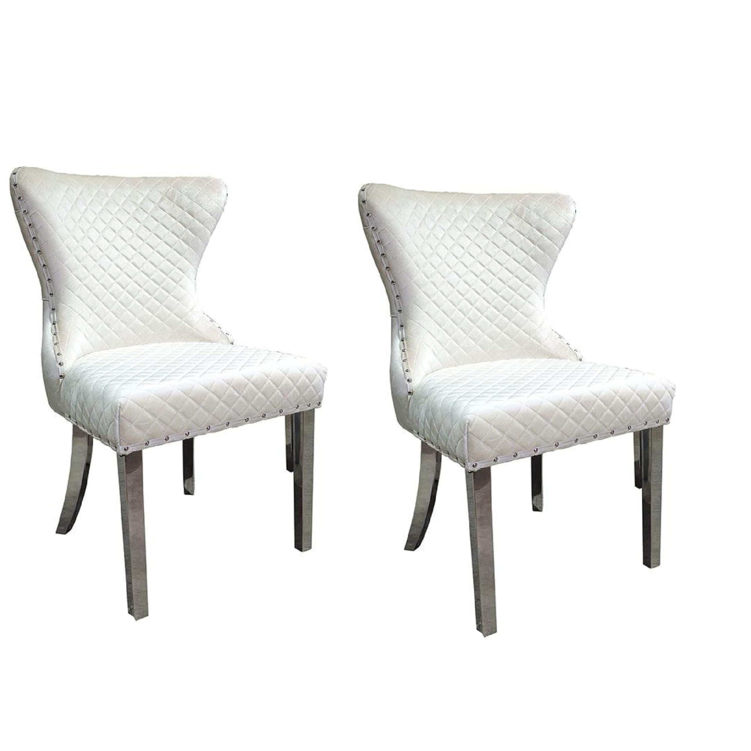 Anova Side Dining Chair Set of 2, Rivet Trim, Silver Stainless Steel, White Fabric