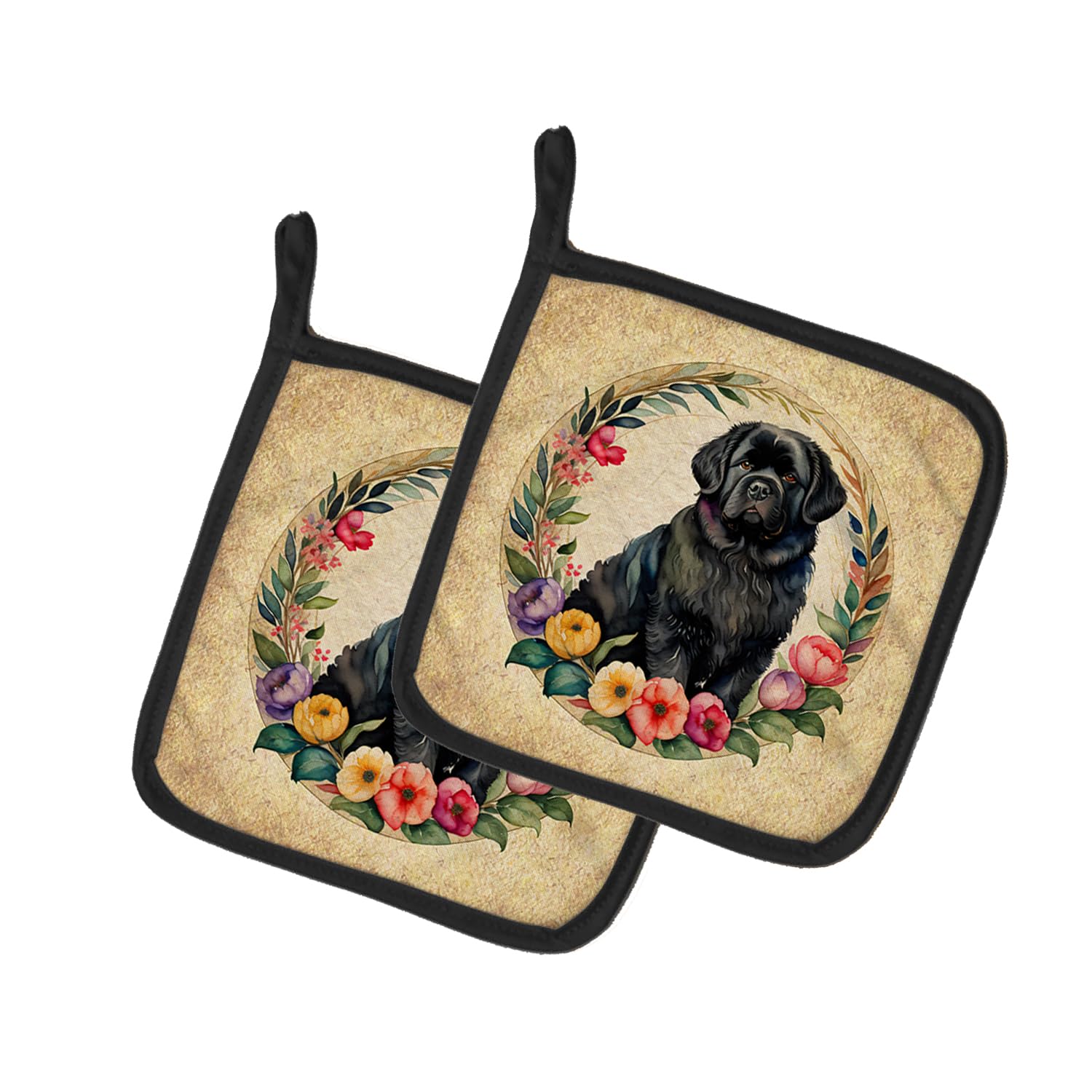Newfoundland and Flowers Pair of Pot Holders