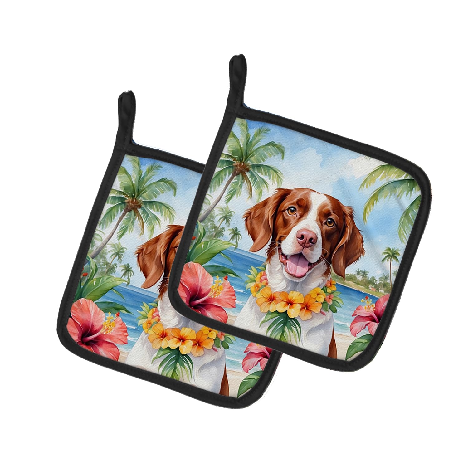 Brittany Spaniel Luau Pair of Pot Holders