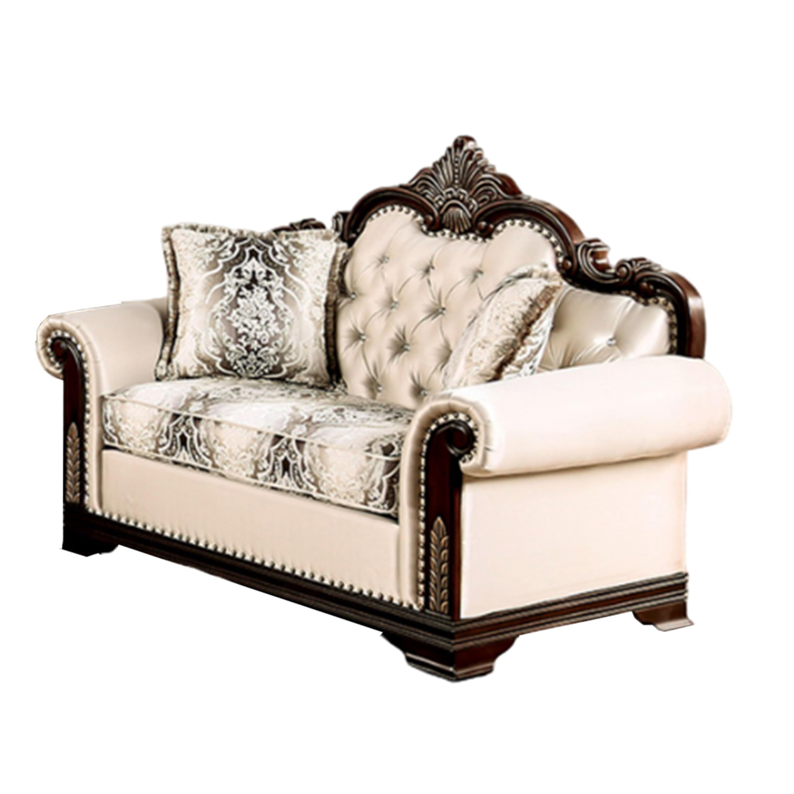 Catie 66 Inch Loveseat, Beige, Nailhead Trim, Cherry Brown Solid Wood