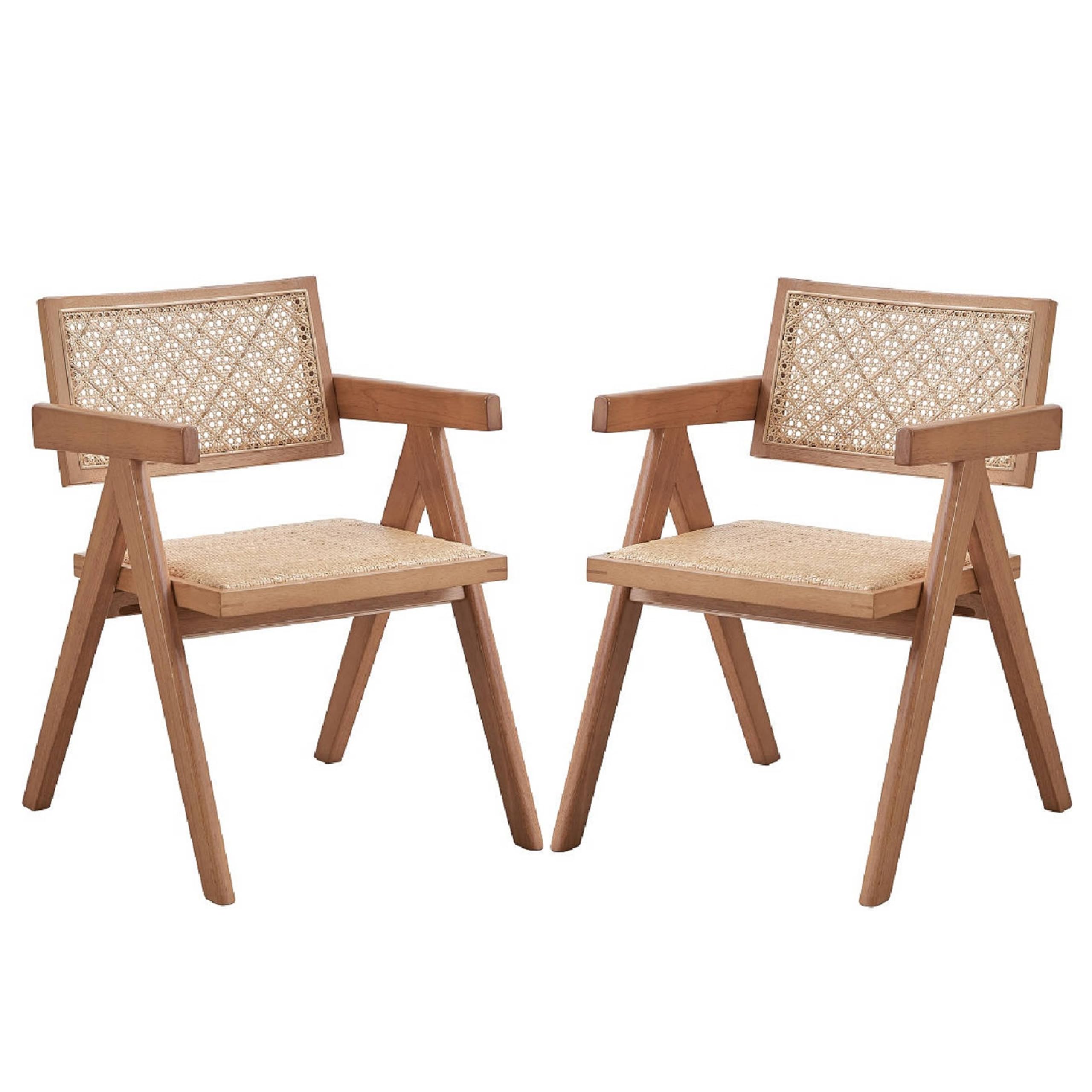 Tina 22 Inch Dining Armchair Set of 2, Woven Rattan, Natural Brown Wood