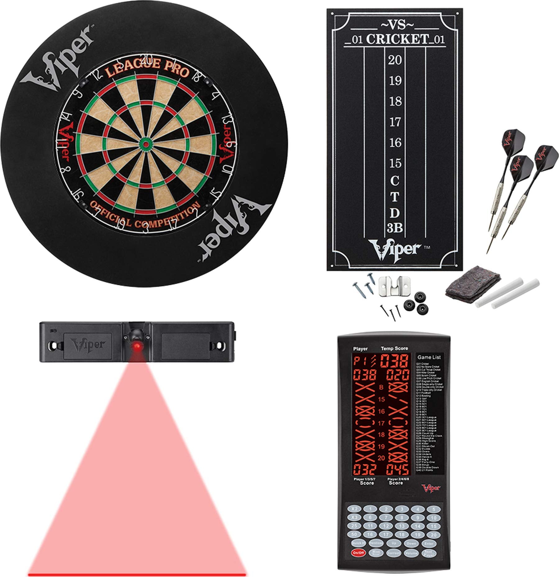 Viper League Sisal Dartboard, Viper ProScore, Throw Line Light, and Viper Wall Defender