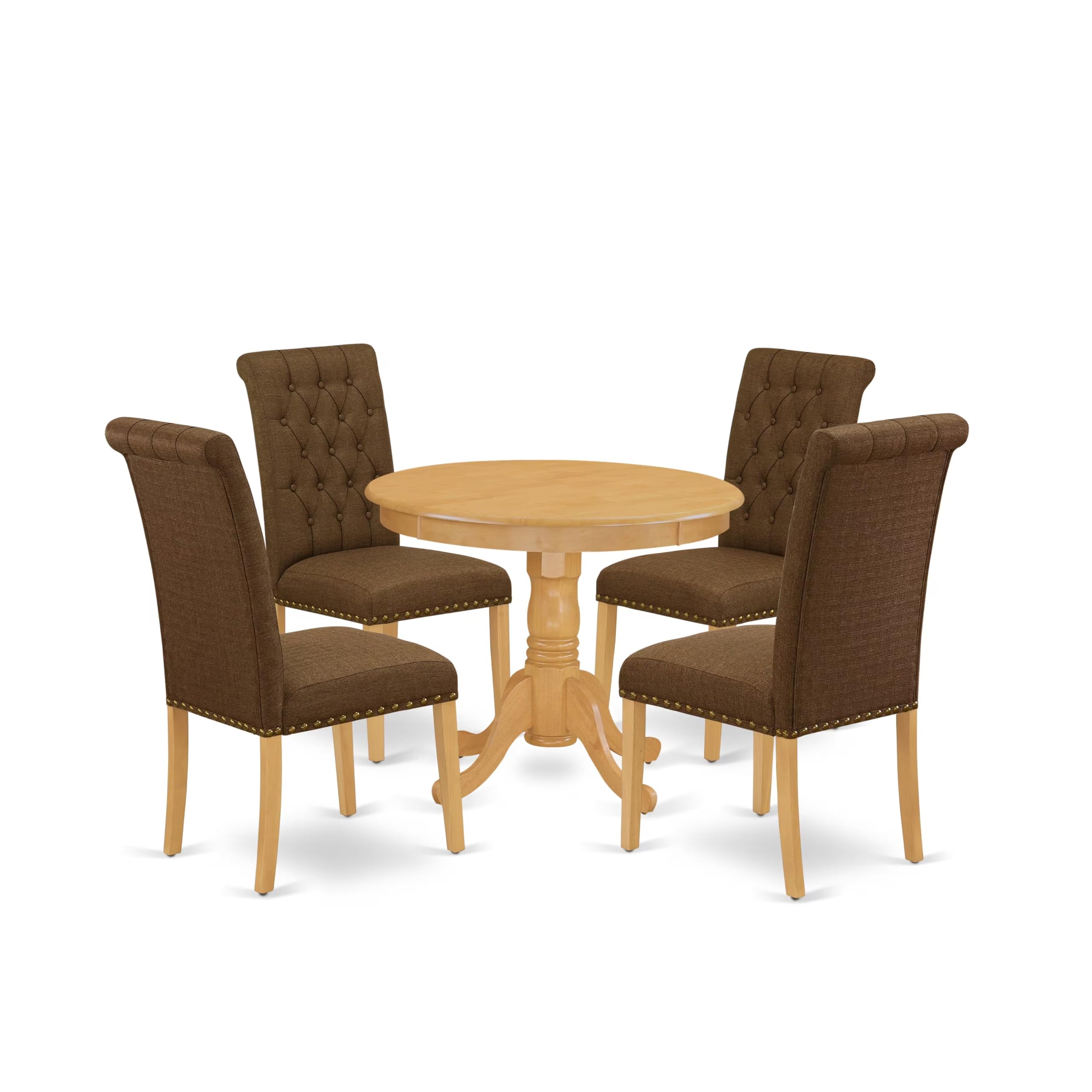 ANBR5-OAK-18 5Pc Dining Set Includes a Small Round Dinette Table and Four Parson Chairs with Dark Coffee Fabric, Oak Finish