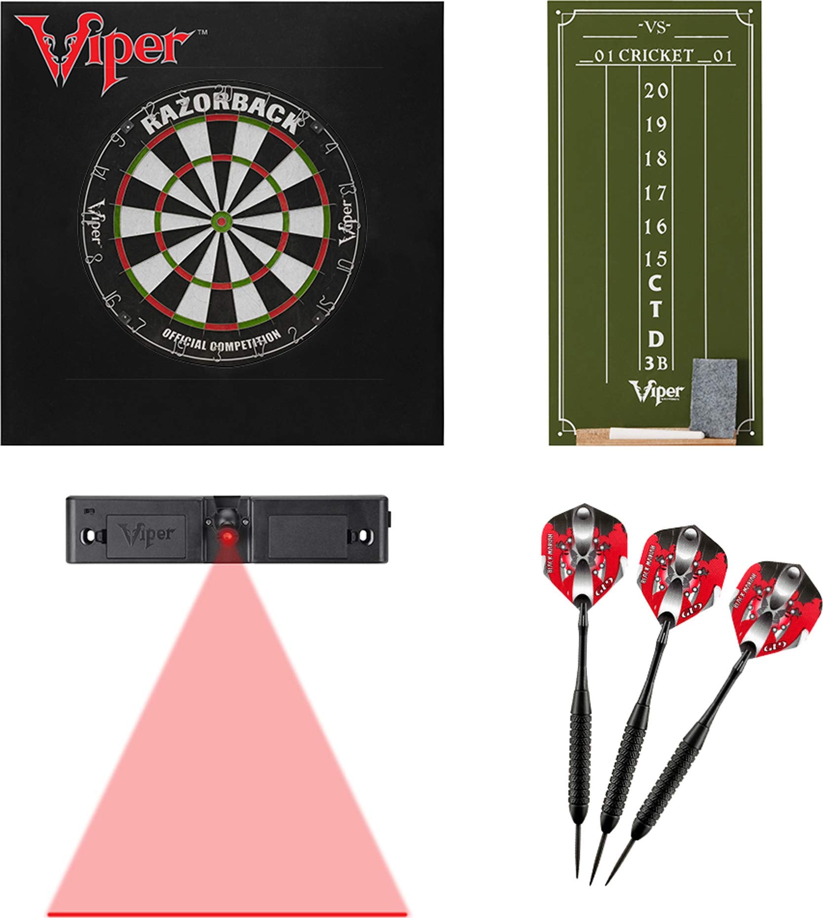 Viper Razorback Sisal/Bristle Dartboard with 22 Gram Steel Tip Darts, Throw Line Light, Square Wall Defender & Small Chalk Scoreboard