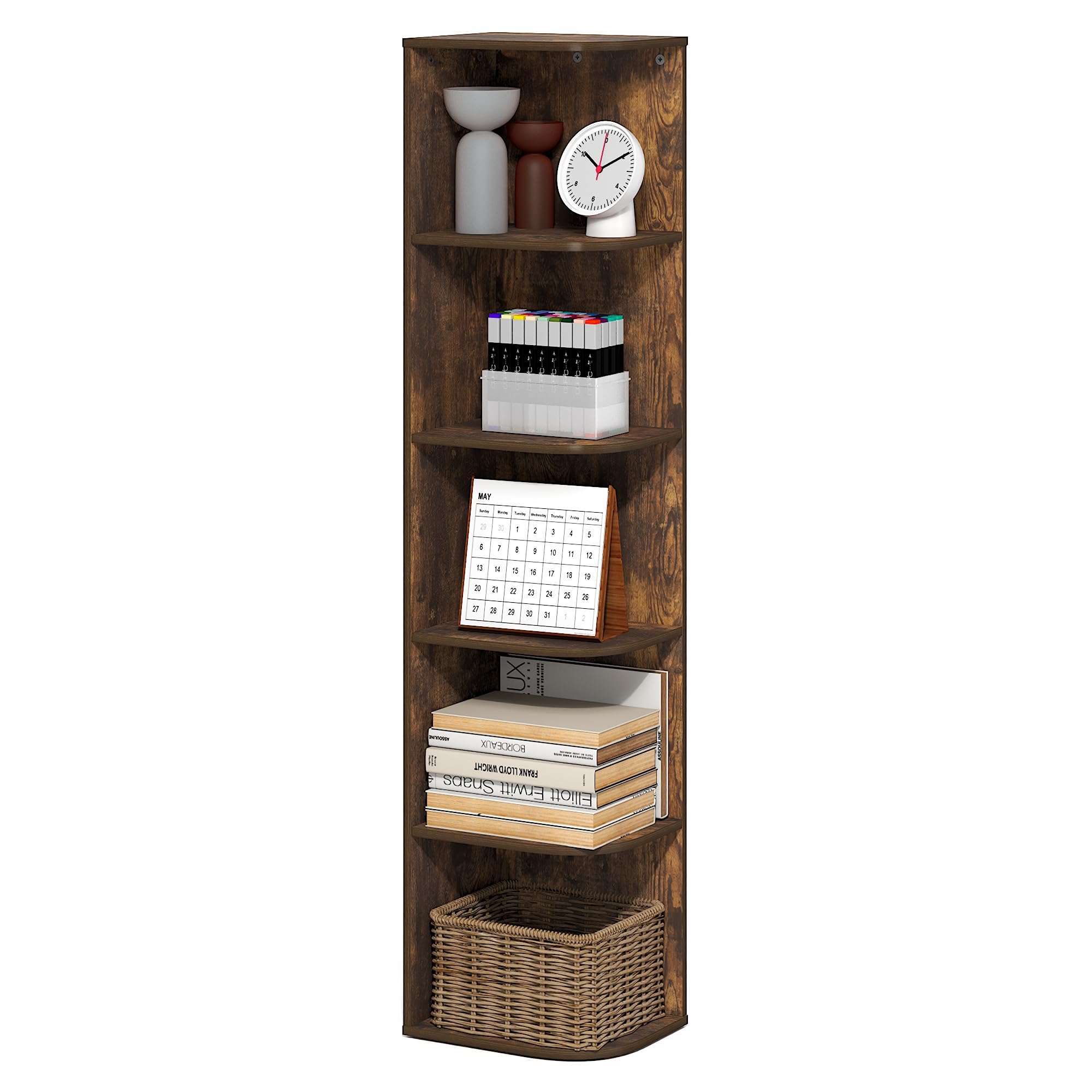 Furinno PASIR Book Shelf, 5-Tier Corner Bookshelf with Open Shelf, Standing Bookcase, 9.3 x 12 x 51.7, for Organization and Storage, for Living Room, Bedroom, Home Office, Amber Pine