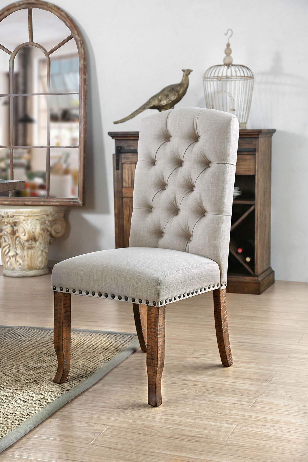 Benjara Benzara Fabric Upholstered Chair With Button Tufting, Pack Of Two, White And Brown