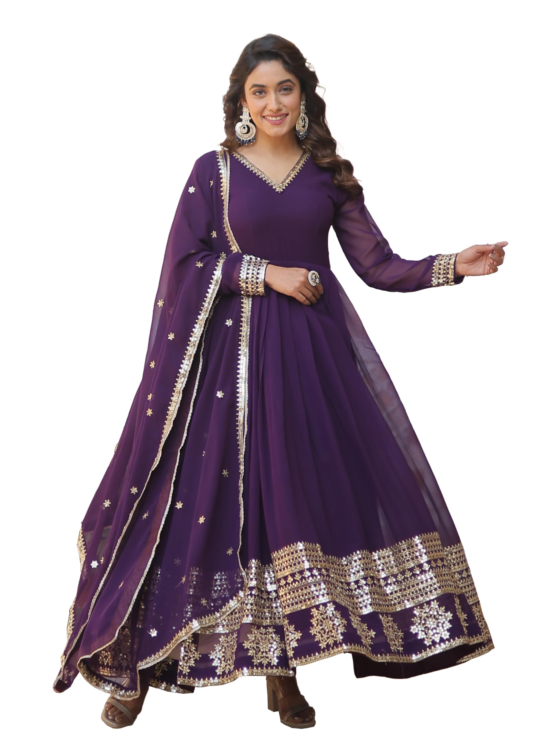 Wedani Faux Georgette Embroidered Anarkali Kurta Set for Womens (in, Alpha, 2XL, Regular, Purple)