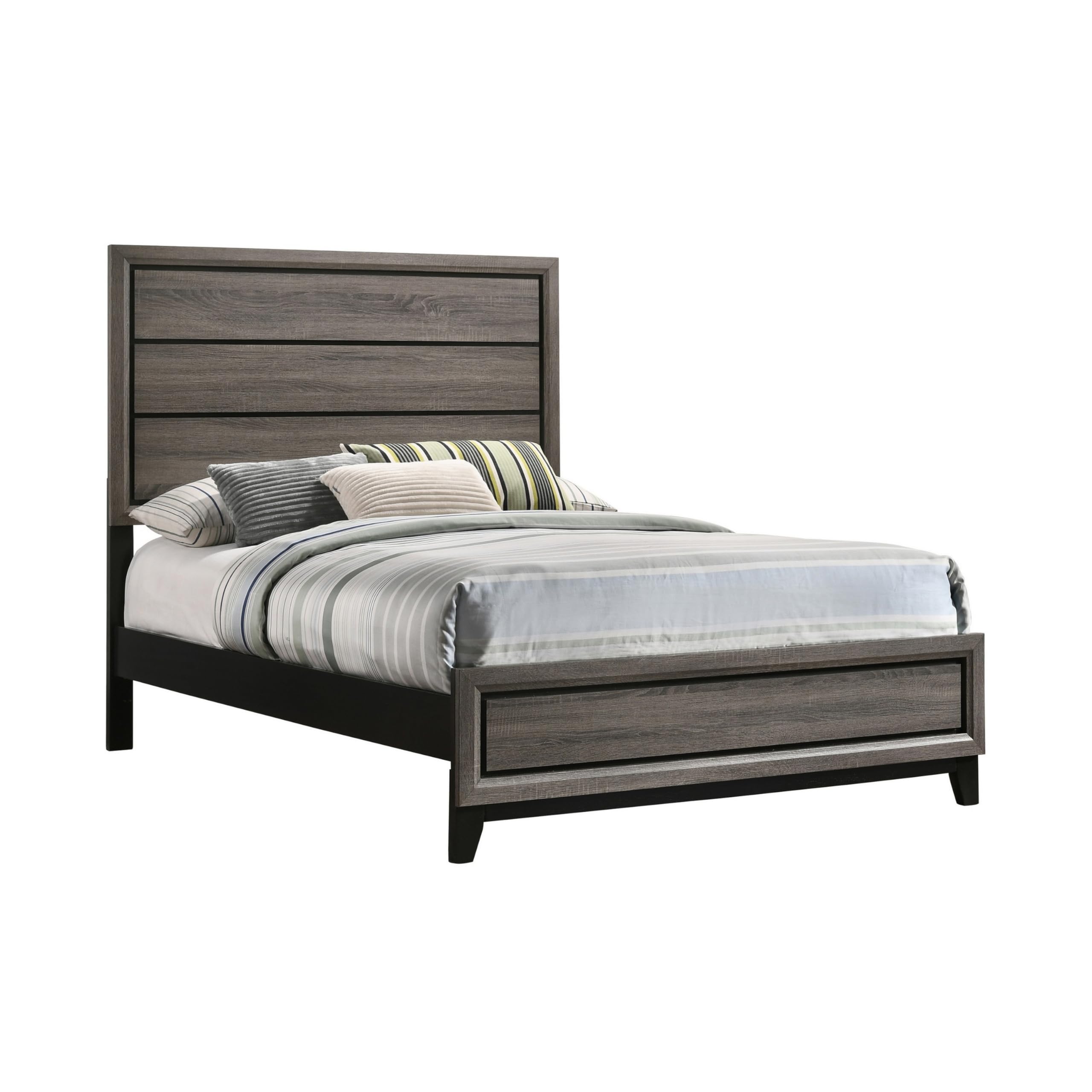 Mela Full Size Panel Bed, Groove Design, Tapered Legs, Gray and Black