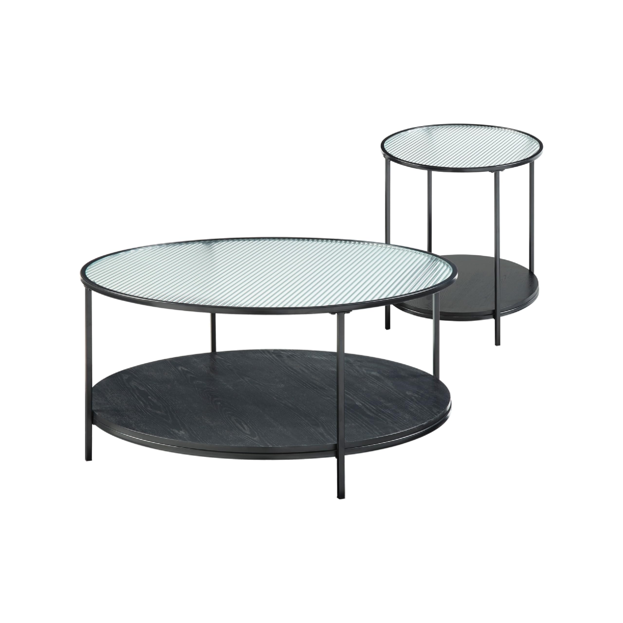 Deena 2pc Coffee and End Table Set, Fluted Glass Top, Black Metal