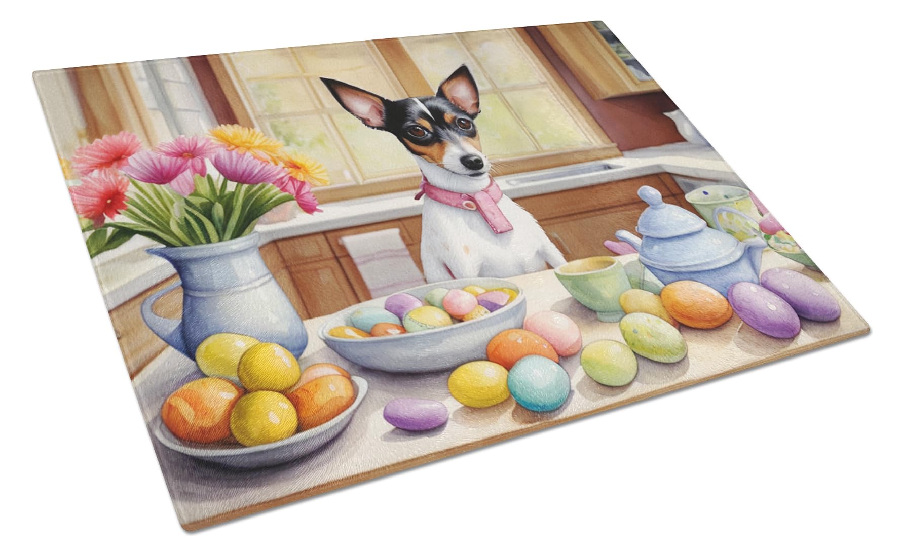 Carolines Treasures DAC6884LCB Decorating Easter Rat Terrier Glass Cutting Board Decorative Tempered Glass Kitchen Cutting and Serving Board Large Size Chopping Board