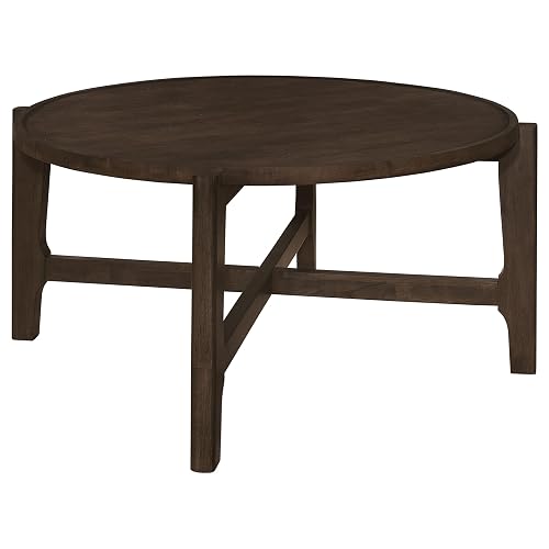 Katie Coffee Table, Round 38 Inch Top, Dark Brown Wood, Cross Beam Legs