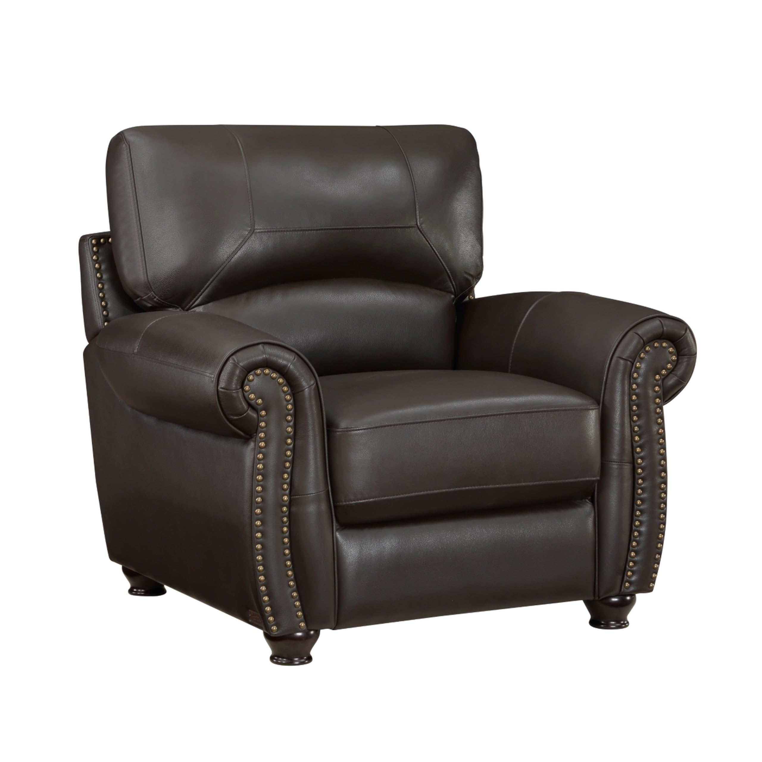 Kia 37 Inch Accent Chair, Dark Brown Top Grain and Faux Leather, Solid Wood