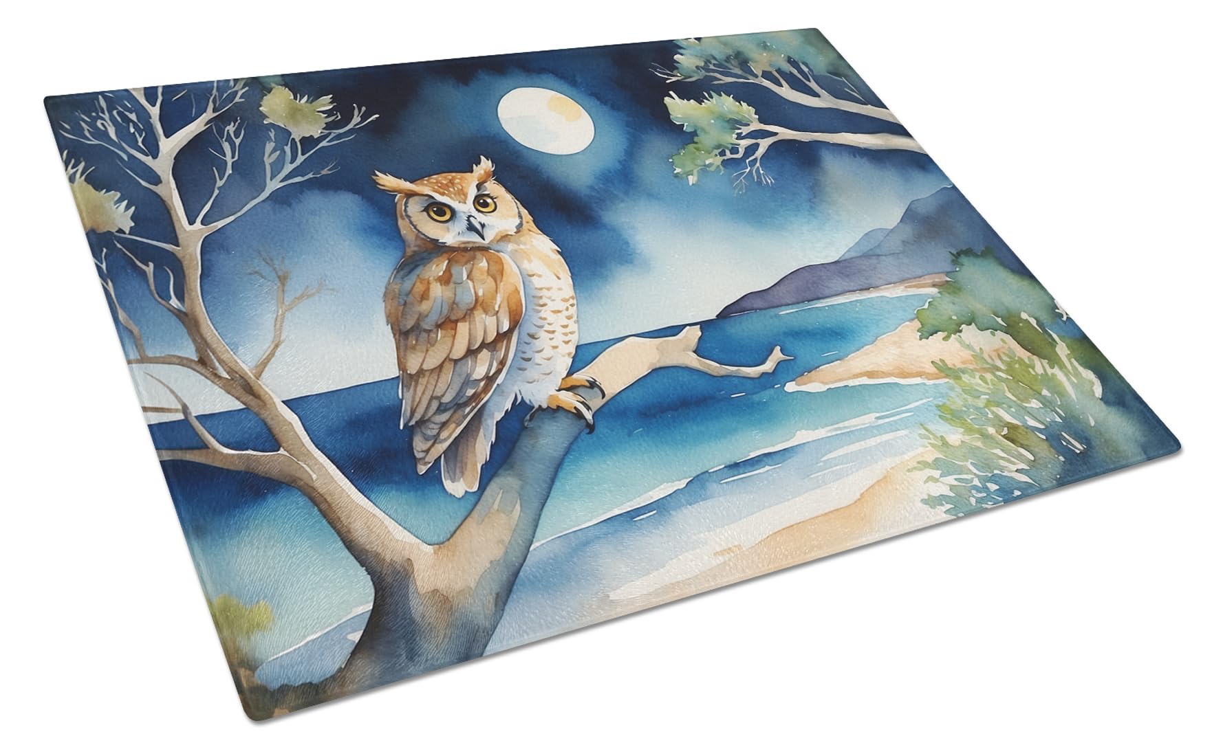 Carolines Treasures Owl Perched in Coastal Tree Glass Cutting Board Decorative Tempered Glass Kitchen Cutting and Serving Board Large Size Chopping Board