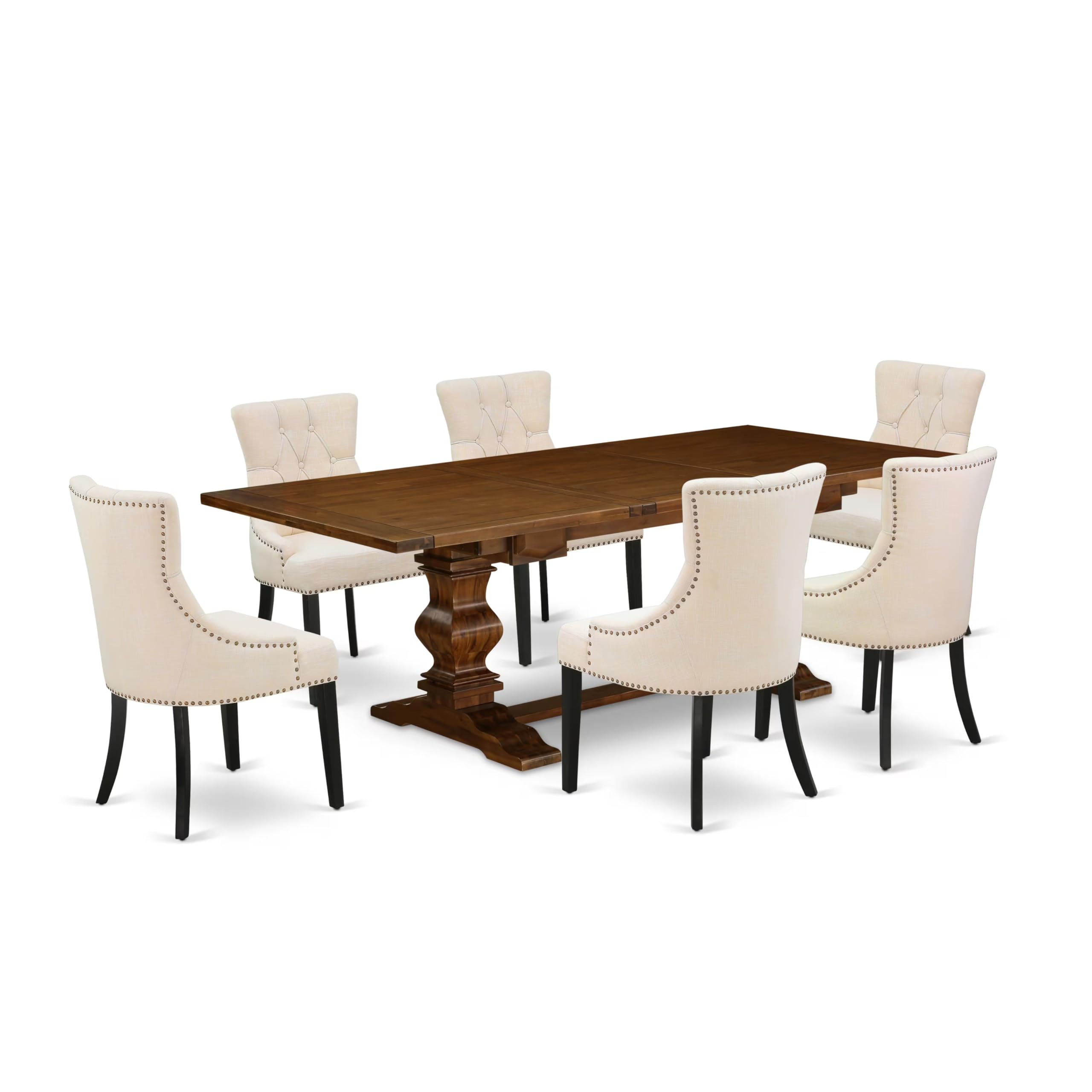 East West Furniture ALAFR7-81-02 outdoor dining table set with Black Finish Chairs Legs and Light Beige Linen Fabric accent chairs Set of Six