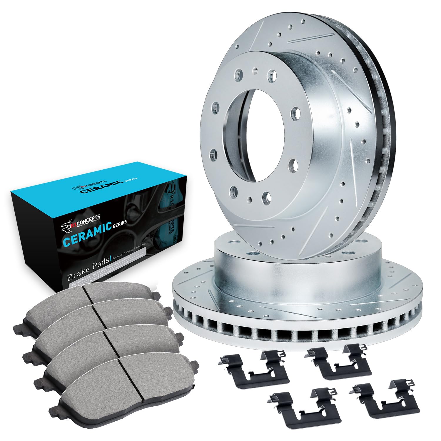 R1 Concepts Drilled and Slotted Silver Disc Brake Rotor Set with Ceramic Pads and Hardware WGWH1-48028