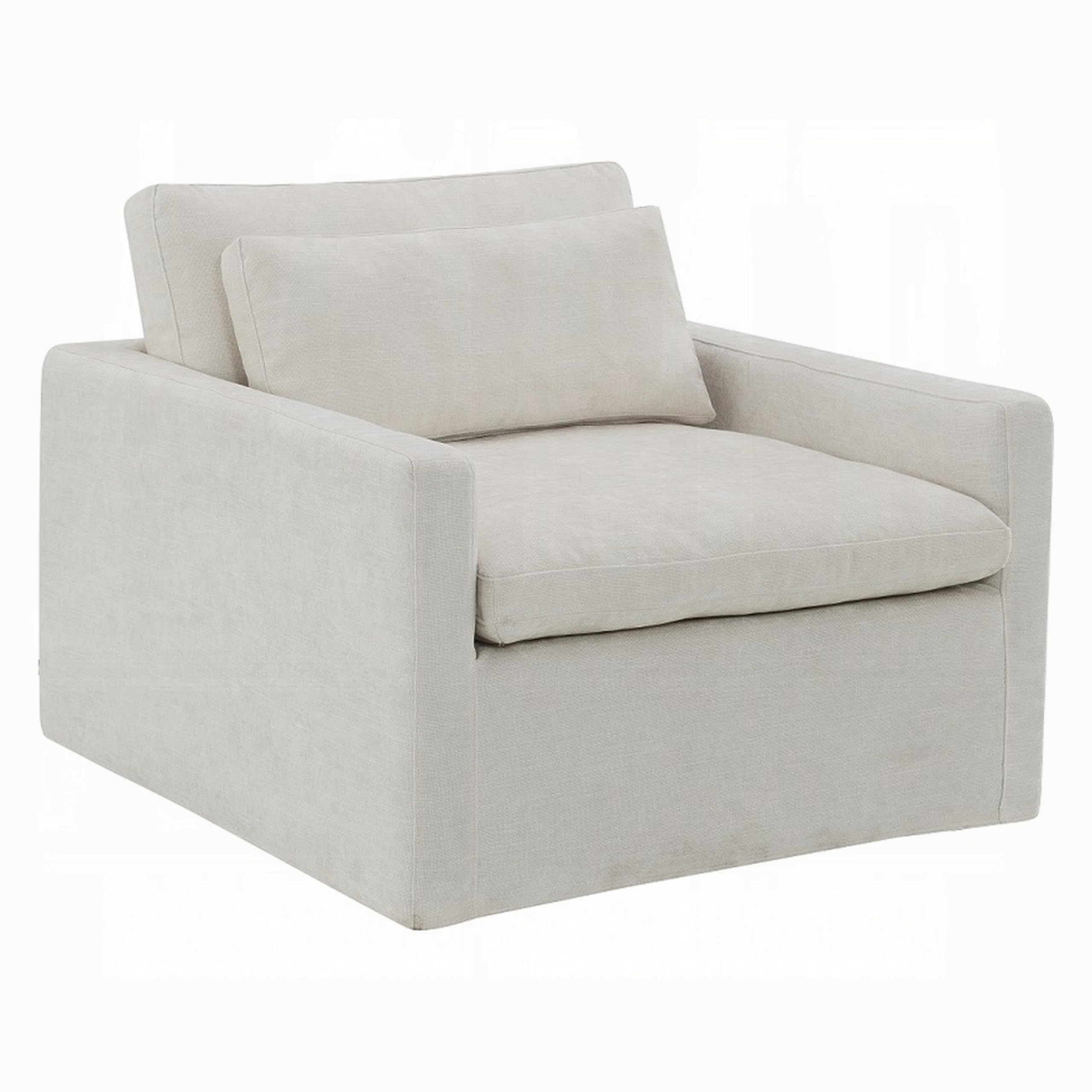 Rick Swivel Accent Chair w Pillow, Square Arm, Ivory White Upholstery
