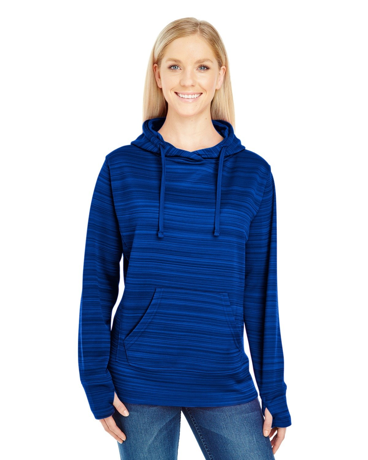 J. America Womens Odyssey Striped Performance Fleece Lapover Hooded Sweatshirt - Sapphire, M