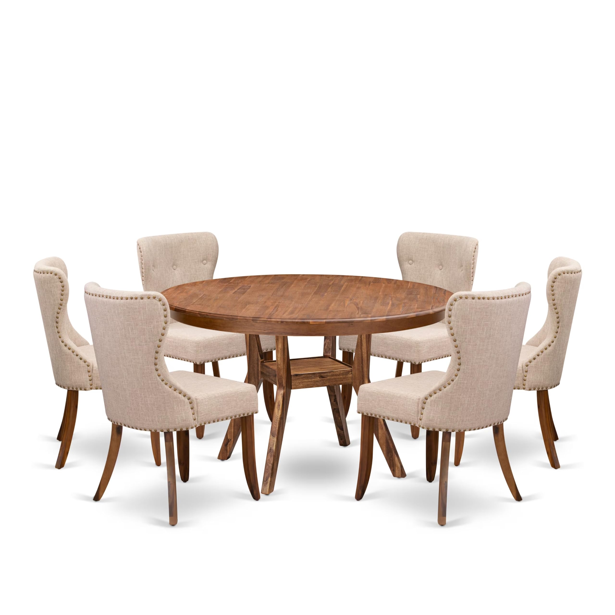 7-Pc Dining Set Of A Pedestal Dining Table, 6 Light Tan Fabric Parson Chairs