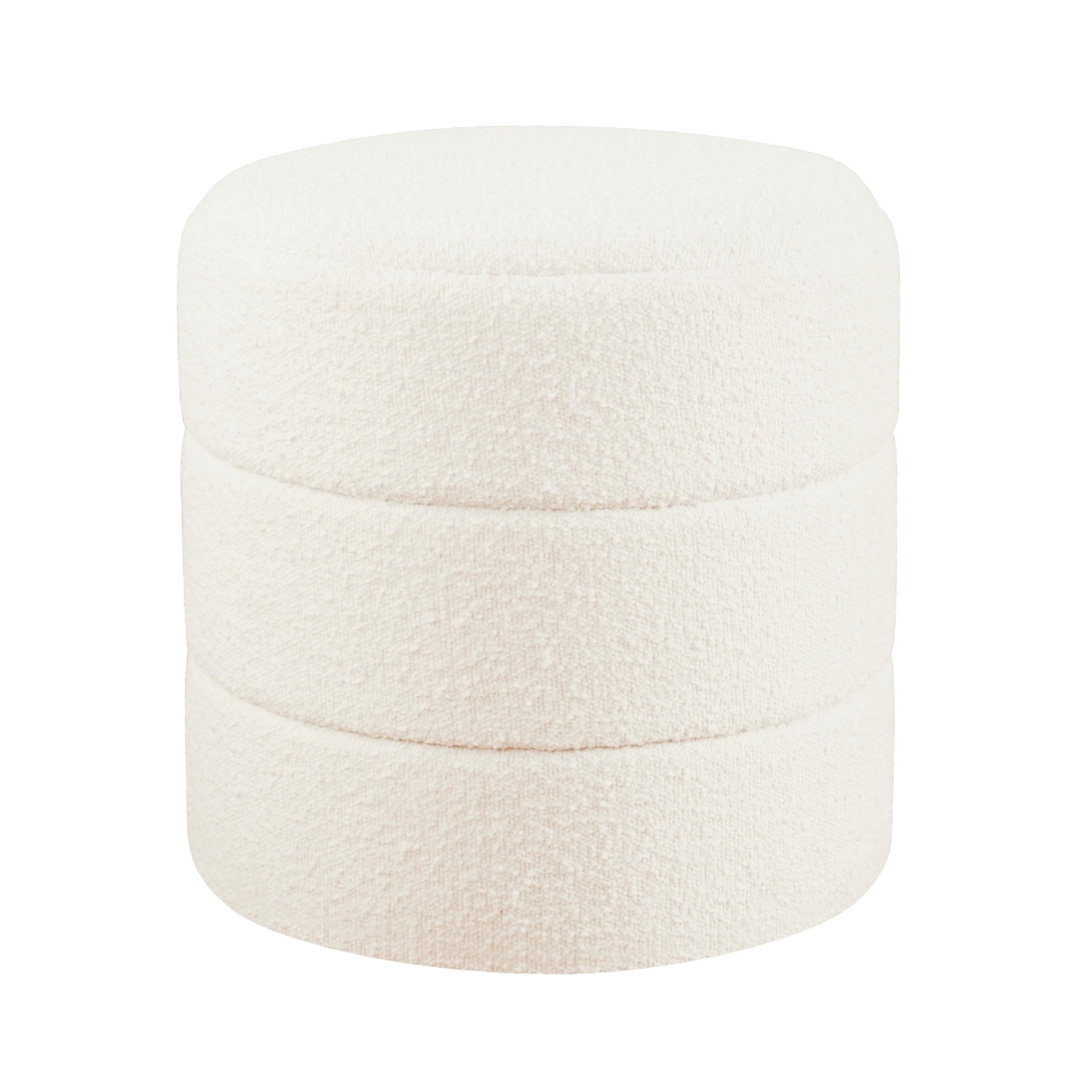 Sem Round Accent Ottoman, Cream White Chanel Stitched Boucle 18 Inch