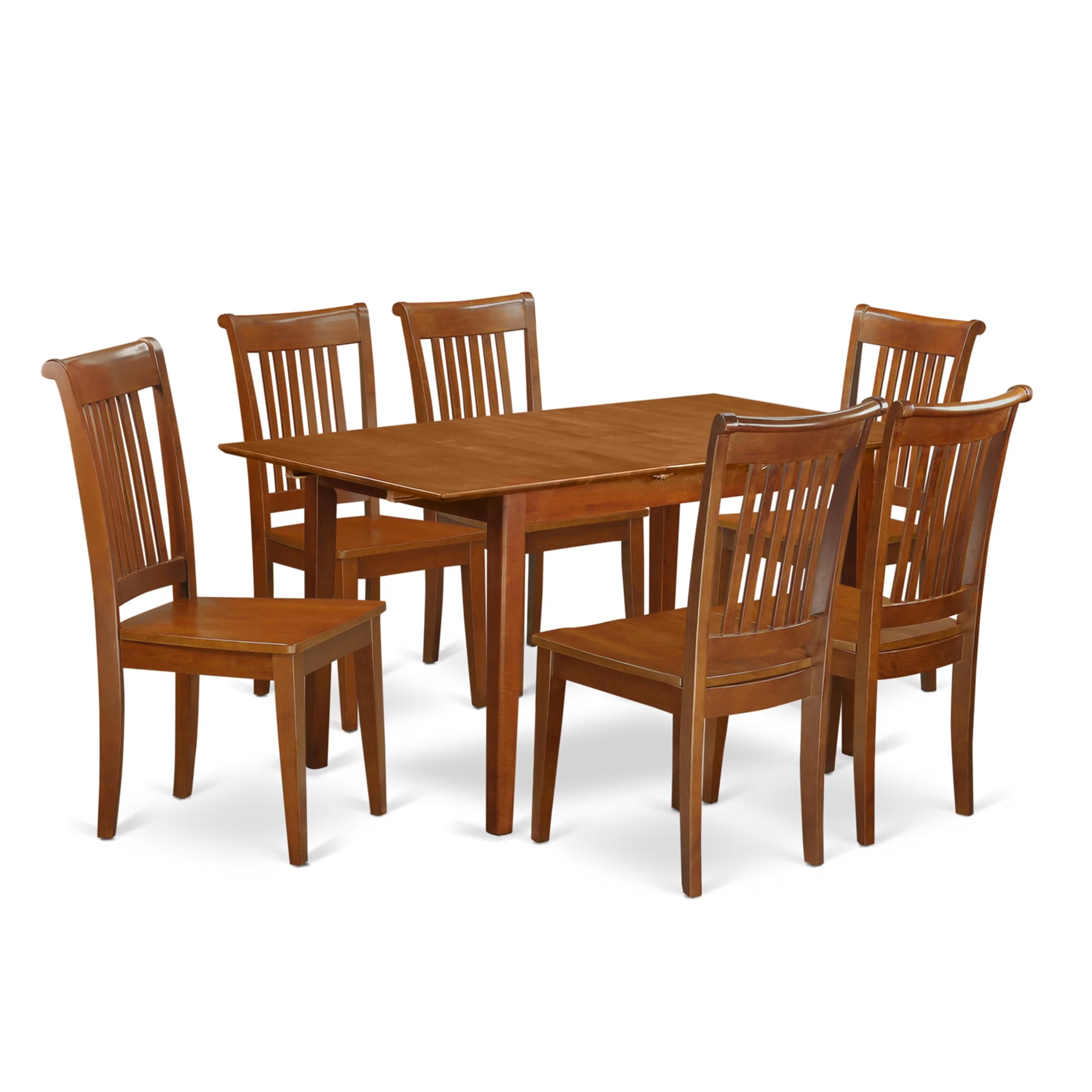 7  Pc  set  Rectangular  Kitchen  Table  having  12  Leaf  and  6  Wood  Dinette  Chairs  in  Saddle  Brown